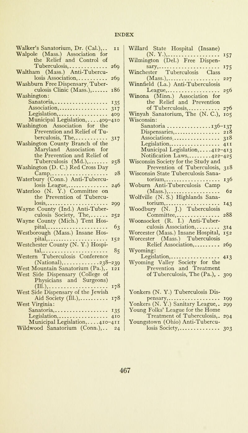 Walker's Sanatorium, Dr. (Cal.),.. n Walpole (Mass.) Association for the Relief and Control of Tuberculosis, 269 Waltham (Mass.) Anti-Tubercu- losis Association, 269 Washburn Free Dispensary, Tuber- culosis Clinic (Mass.), 186 Washington: Sanatoria, 135 Association, 317 Legislation, 409 Municipal Legislation, 409-410 Washington Association for the Prevention and Relief of Tu- berculosis, The 317 Washington County Branch of the Maryland Association for the Prevention and Relief of Tuberculosis (Md.), 258 Washington (D. C.) Red Cross Day Camp, 28 Waterbury (Conn.) Anti-Tubercu- losis League, 246 Waterloo (N. Y.) Committee on the Prevention of Tubercu- losis 299 Wayne County (Ind.) Anti-Tuber- culosis Society, The, 252 Wayne County (Mich.) Tent Hos- pital 63 Westborough (Mass.) Insane Hos- pital, 152 Westchester County (N. Y.) Hospi- tal, 85 Western Tuberculosis Conference (National), 238-239 West Mountain Sanatorium (Pa.),. 121 West Side Dispensary (College of Physicians and Surgeons) (111.), 178 West Side Dispensary of the Jewish Aid Society (111.) 178 West Virginia: Sanatoria 135 Legislation, 410 Municipal Legislation 410-411 Wildwood Sanatorium (Conn.),.. 24 Willard State Hospital (Insane) (N.Y.), 157 Wilmington (Del.) Free Dispen- sary, 175 Winchester Tuberculosis Class (Mass.) 227 Winnfield (La.) Anti-Tuberculosis League, 256 Winona (Minn.) Association for the Relief and Prevention of Tuberculosis, 276 Winyah Sanatorium, The (N. C), 105 Wisconsin: Sanatoria 136-137 Dispensaries, 218 Associations 318 Legislation, 411 Municipal Legislation,... .412—413 Notification Laws, 422-425 Wisconsin Society for the Study and Prevention of Tuberculosis, 318 Wisconsin State Tuberculosis Sana- torium 136 Woburn Anti-Tuberculosis Camp (Mass.), 62 Wolfville (N. S.) Highlands Sana- torium, 143 Woodbury (N. J.) Tuberculosis Committee, 288 Woonsocket (R. I.) Anti-Tuber- culosis Association 314 Worcester (Mass.) Insane Hospital, 152 Worcester (Mass.) Tuberculosis Relief Association 269 Wyoming: Legislation, 413 Wyoming Valley Society for the Prevention and Treatment of Tuberculosis, The (Pa.), . 309 Yonkers (N. Y.) Tuberculosis Dis- pensary, 199 Yonkers (N. Y.) Sanitary League,. 299 Young Folks' League for the Home Treatment of Tuberculosis,. 294 Youngstown (Ohio) Anti-Tubercu- losis Society, 303
