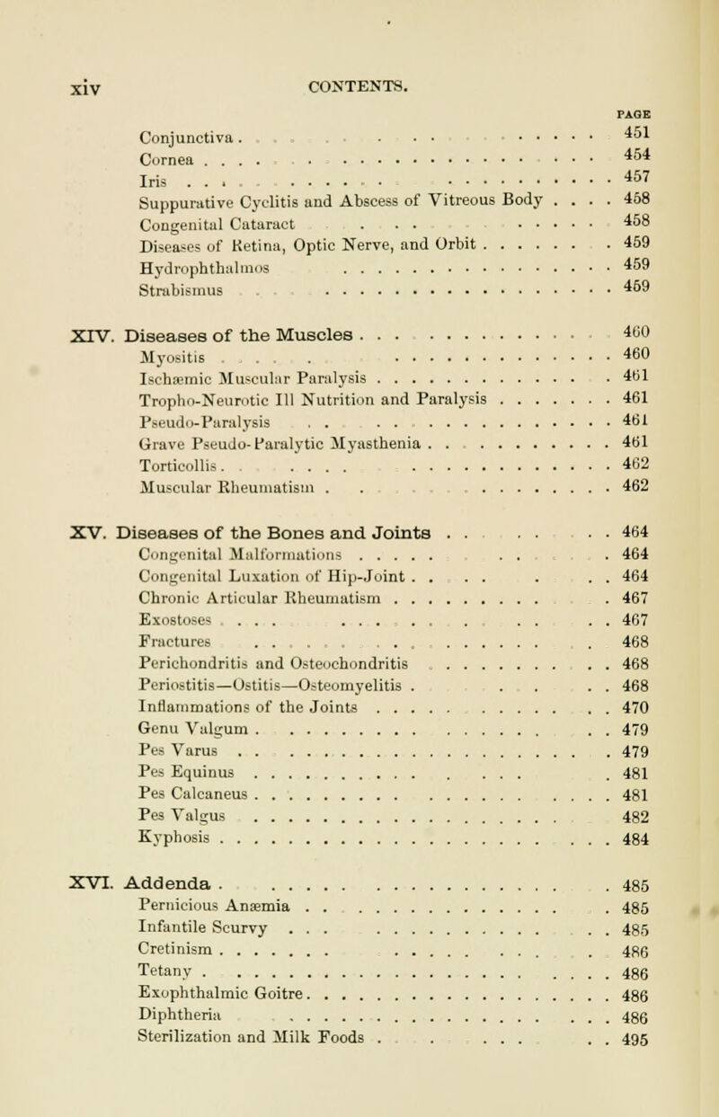 PAGE Conjunctiva 451 Cornea ..... ... 454 Iris ... 457 Suppurative Cyclitis and Abscess of Vitreous Body .... 458 Congenital Cataract . . . 458 Diseases of Ketina, Optic Nerve, and Orbit 459 Hydroph thai inns 459 Strabismus 469 XIV. Diseases of the Muscles ... 460 Myositis . . . . . 460 Ischemic Muscular Paralysis 461 Tropho-Neurotic 111 Nutrition and Paralysis 461 Pseudo-Paralysis . . 461 Grave Pseudo-Paralytic Myasthenia 461 Torticollis 462 Muscular Rheumatism . . 462 XV. Diseases of the Bones and Joints . ■ 464 Congenital Malformations ....... 464 Congenital Luxation of Hip-Joint .... . . . 464 Chronic Articular Rheumatism . 467 Exostoses ... .......... . . . . 467 Fractures 468 Perichondritis and Osteochondritis 468 Periostitis—Ostitis—Osteomyelitis . . . . . 468 Inflammations of the Joints 470 Genu Valgum . . 479 Pes Varus 479 Pes Equinus . 481 Pes Calcaneus 481 Pes Valgus 482 Kyphosis 484 XVI. Addenda 485 Pernicious Anaemia . 485 Infantile Scurvy ... . . 485 Cretinism : . 486 Tetany 486 Exophthalmic Goitre 486 Diphtheria 486 Sterilization and Milk Foods . .... . . 495