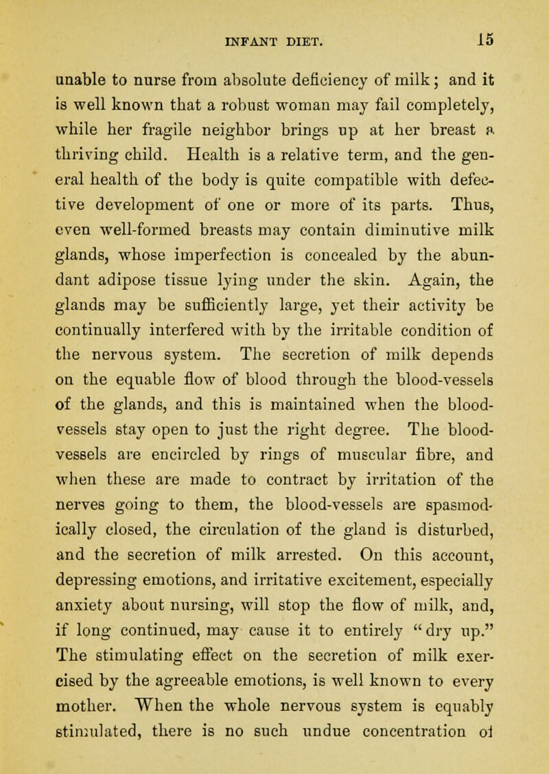 unable to nurse from absolute deficiency of milk; and it is well known that a robust woman may fail completely, while her fragile neighbor brings up at her breast f>. thriving child. Health is a relative term, and the gen- eral health of the body is quite compatible with defec- tive development of one or more of its parts. Thus, even well-formed breasts may contain diminutive milk glands, whose imperfection is concealed by the abun- dant adipose tissue lying under the skin. Again, the glands may be sufficiently large, yet their activity be continually interfered with by the irritable condition of the nervous system. The secretion of milk depends on the equable flow of blood through the blood-vessels of the glands, and this is maintained when the blood- vessels stay open to just the right degree. The blood- vessels are encircled by rings of muscular fibre, and when these are made to contract by irritation of the nerves going to them, the blood-vessels are spasmod- ically closed, the circulation of the gland is disturbed, and the secretion of milk arrested. On this account, depressing emotions, and irritative excitement, especially anxiety about nursing, will stop the flow of milk, and, if long continued, may cause it to entirely dry up. The stimulating efiect on the secretion of milk exer- cised by the agreeable emotions, is well known to every mother. When the whole nervous system is equably stiniulated, there is no such undue concentration oi