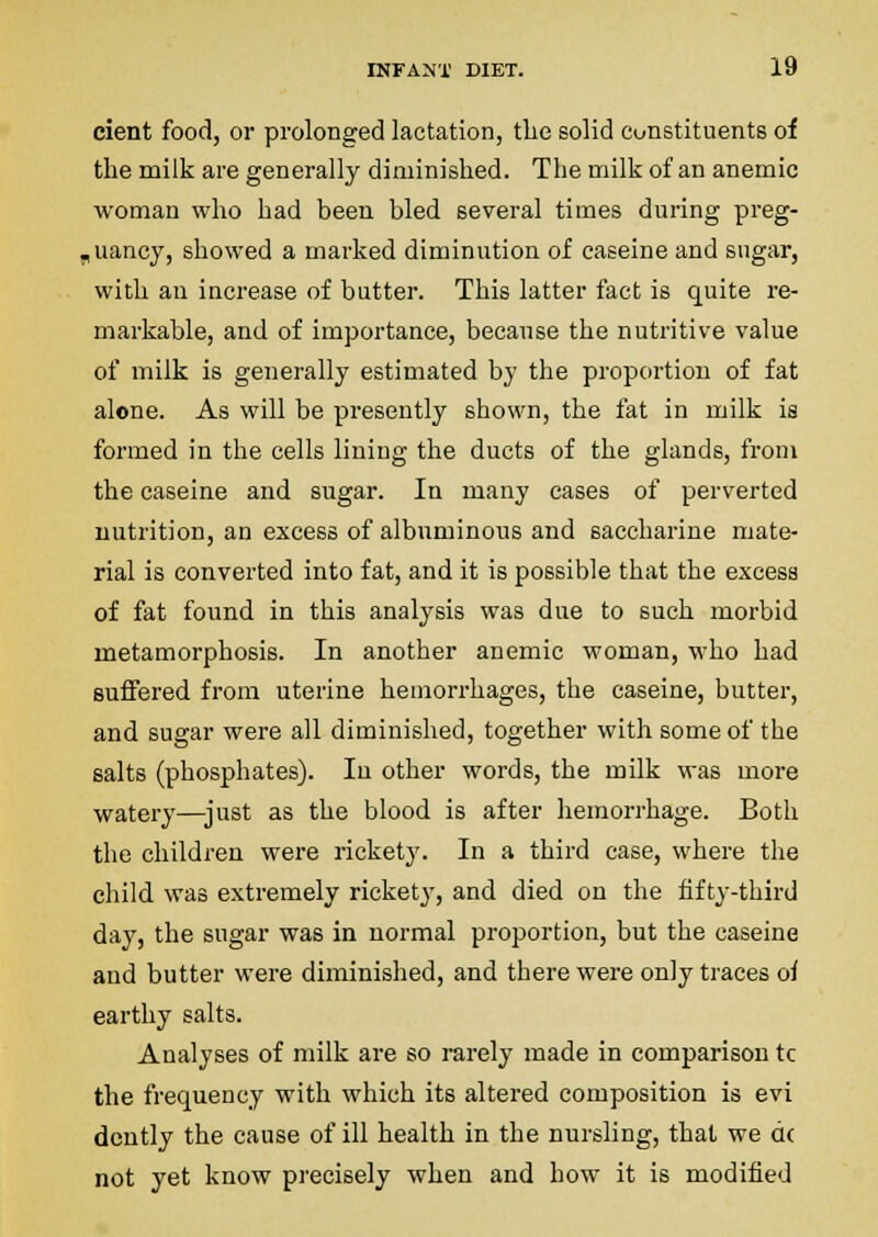 cient food, or prolonged lactation, the solid constituents of the milk are generally diminished. The milk of an anemic woman who had been bled several times during preg- jUancy, showed a marked diminution of caseine and sugar, with an increase of butter. This latter fact is quite re- markable, and of importance, because the nutritive value of milk is generally estimated by the proportion of fat alone. As will be presently shown, the fat in milk is formed in the cells lining the ducts of the glands, from the caseine and sugar. In many cases of perverted nutrition, an excess of albuminous and saccharine mate- rial is converted into fat, and it is possible that the excess of fat found in this analysis was due to such morbid metamorphosis. In another anemic woman, who had suffered from uterine hemorrhages, the caseine, butter, and sugar were all diminished, together with some of the salts (phosphates). In other words, the milk was more watery—^just as the blood is after hemorrhage. Both the children were rickety. In a third case, where the child was extremely rickety, and died on the fifty-third day, the sugar was in normal proportion, but the caseine and butter were diminished, and there were only traces of earthy salts. Analyses of milk are so rarely made in comparison tc the frequency with which its altered composition is evi dently the cause of ill health in the nursling, that we d( not yet know precisely when and how it is modified