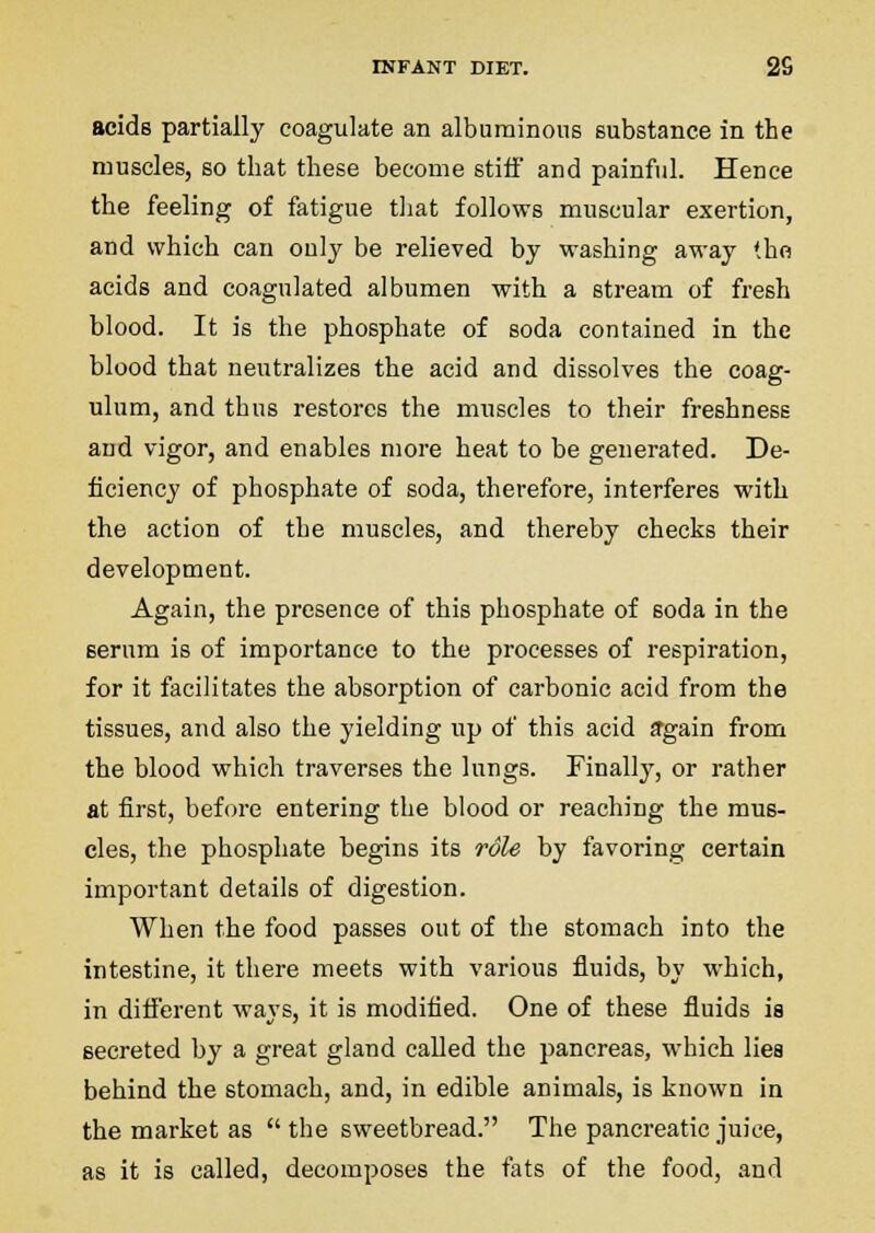 acids partially coagulate an albuminous substance in the muscles, so that these become stiff and painful. Hence the feeling of fatigue tljat follows muscular exertion, and which can only be relieved by washing away '.ho acids and coagulated albumen with a stream of fresh blood. It is the phosphate of soda contained in the blood that neutralizes the acid and dissolves the coag- ulum, and thus restores the muscles to their freshness and vigor, and enables more heat to be generated. De- ficiency of phosphate of soda, therefore, interferes with the action of the muscles, and thereby checks their development. Again, the presence of this phosphate of soda in the serum is of importance to the processes of respiration, for it facilitates the absorption of carbonic acid from the tissues, and also the yielding up of this acid ffgain from the blood which traverses the lungs. Finally, or rather at first, before entering the blood or reaching the mus- cles, the phosphate begins its role by favoring certain important details of digestion. When the food passes out of the stomach into the intestine, it there meets with various fluids, by which, in different ways, it is modified. One of these fluids is secreted by a great gland called the pancreas, which lies behind the stomach, and, in edible animals, is known in the market as  the sweetbread. The pancreatic juice, as it is called, decomposes the fats of the food, and