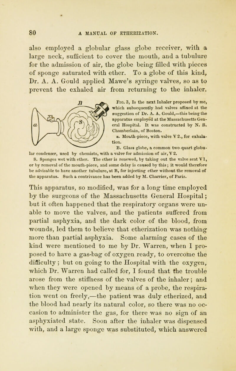 also employed a globular glass globe receiver, with a large neck, sufficient to cover the mouth, and a tubulure for the admission of air, the globe being filled with pieces of sponge saturated with ether. To a globe of this kind, Dr. A. A. Gould applied Mawe's syringe valves, so as to prevent the exhaled air from returning to the inhaler. Fig. 3, Is the next Inhaler proposed by me, which subsequently had valves affixed at the suggestion of Dr. A. A. Gould,—this being tho apparatus employed at the Massachusetts Gen- eral Hospital. It was constructed by N. C Chamberlain, of Boston. a. Mouth-piece, with valve V 2., for exhala- tion. B. Glass globe, a common two-quart globu- lar condenser, used by chemists, with a valve for admission of air, V 2. S. Sponges wet with ether. The ether is renewed, by taking out the valve seat VI, or by removal of the mouth-piece, and some delay is caused by this ; it would therefore be advisable to have another tubulure, at B, for injecting ether without the removal of the apparatus. Such a contrivance has been added by M. Charrier, of Paris. This apparatus, so modified, was for a long time employed by the surgeons of the Massachusetts General Hospital; but it often happened that the respiratory organs were un- able to move the valves, and the patients suffered from partial asphyxia, and the dark color of the blood, from wounds, led them to believe that etherization was nothing more than partial asphyxia. Some alarming cases of the kind were mentioned to me by Dr. Warren, when I pro- posed to have a gas-bag of oxygen ready, to overcome the difficulty ; but on going to the Hospital with the oxygen, which Dr. Warren had called for, I found that the trouble arose from the stiffness of the valves of the inhaler; and when they were opened by means of a probe, the respira- tion went on freely,—the patient was duly etherized, and the blood had nearly its natural color, so there was no oc- casion to administer the gas, for there was no sign of an asphyxiated state. Soon after the inhaler was dispensed with, and a large sponge was substituted, which answered