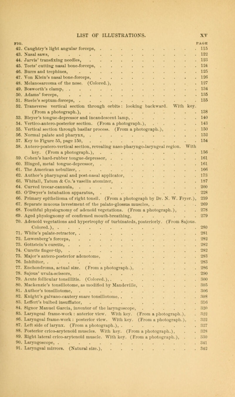 FIG. PAGE 42. Caughtry's light angular forceps, 115 43. Nasal saws, 122 44. Jarvis' transfixing needles, 123 45. Teets' cutting: nasal bone-forceps, 124 46. Burrs and trephines, 125 47. Von Klein's nasal bone-forceps, 126 48. Melanosarcoina of the nose. (Colored.), 127 49. Bosworth's clamp, 134 50. Adams' forceps, 135 51. Steele's septum-forceps, 135 52. Transverse vertical section through orbits: looking backward. With key. (From a photograph.), 138 53. Bleyer's tongue-depressor and incandescent lamp, 140 54. Vertico-antero-posterior section. (From a photograph.), 143 55. Vertical section through basilar process. (From a photograph.), . . . 150 56. Normal palate and pharynx, 152 57. Key to Figure 55, page 150, 154 58. Autero-postero-vertical section, revealing naso-pharyngo-laryngeal region. With key. (From a photograph.), 156 59. Cohen's hard-rubber tongue-depressor, 161 60. Hinged, metal tongue-depressor, .......... 161 61. The American nebulizer, 166 62. Author's pharyngeal and post-nasal applicator, 173 63. Whitull, Tatum tt Co.'s vasL'lin atomizer, 187 64. Curved trocar-cannula, 200 65. O'Dwyer's intubation apparatus, . . 228 66. Primary epithelioma of right tonsil. (From a photograph by Dr. N. W. Fryer.), 2.59 67. Separate mucous investment of the palato-glossus muscles, 269 68. Youthful physiognomy of adenoid vegetations. (From a photograph.), . . 278 69. Aged physiognomy of confirmed mouth-breathing, 279 70. Adenoid vegetations and hypertrophy of turbinateds, posteriorly. (From Sajous. Colored.), 280 71. White's palate-retractor, 281 72. Lcewenberg's forceps, 282 73. Gottstein's curette, 282 74. Curette finger-tip, 282 75. Major's antero-jmsterior adcnotome. 283 76. Inhibitor, ...'.. 283 77. Enchondroma, actual size. (From a pliotograph.), 280 78. Sajous' uvula-scissors, 290 79. Acute follicular tonsillitis. (Colored.), .300 80. Mackenzie's tonslllotome, as modified by Mandeville, 305 81. Author's tonslllotome, 306 82. Knight's galvano-cautery snare tonslllotome. 308 83. LettVrt's bulbed insufflator, 316 84. Siirnor Manuel Garcia, inventor of the laryngoscope, 320 85. Laryngeal frame-work : anterior view. With key. (From a photograph.), . .322 86. Laryngeal frame-work : posterior view. With key. (From a photograi)h.), . 322 87. Left side of larynx. (From a photograph.), 327 88. Posterior crico-arytcnoid muscles. With key. (From a photograph.), . . 328 89. Right lateral crico-arytenold muscle. With key. (From a photograph.), . 330 90. Laryngoscope, 341 91. Larj-ngeal mirrors. (Natural size.). .342