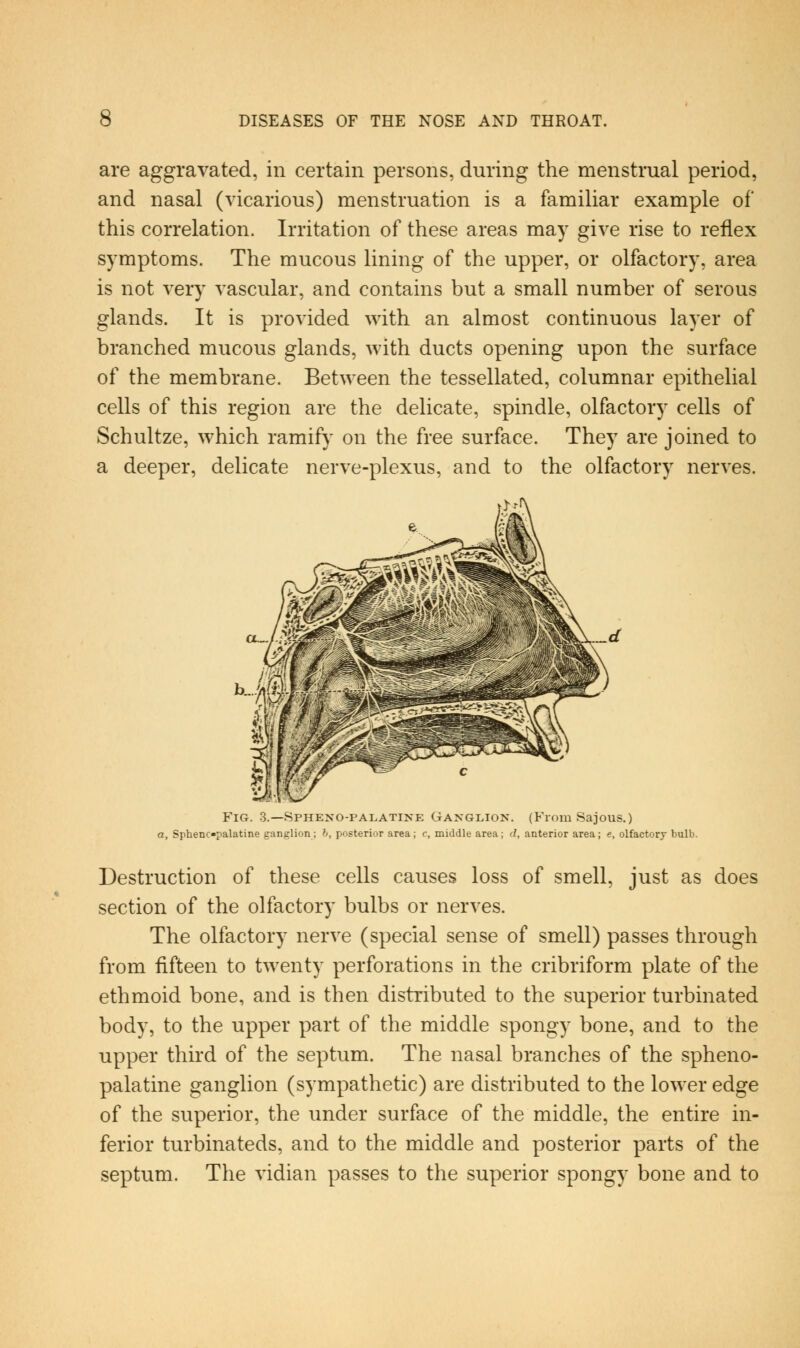 are aggravated, in certain persons, during the menstrual period, and nasal (vicarious) menstruation is a familiar example of this correlation. Irritation of these areas may give rise to reflex symptoms. The mucous lining of the upper, or olfactory, area is not very vascular, and contains but a small number of serous glands. It is provided with an almost continuous layer of branched mucous glands, with ducts opening upon the surface of the membrane. Between the tessellated, columnar epithelial cells of this region are the delicate, spindle, olfactory cells of Schultze, which ramify on the free surface. They are joined to a deeper, delicate nerve-plexus, and to the olfactory nerves. Fig. 3.—8PHENO-PAI.ATINE Ganglion. (From Sajous.) a, Sphenc-palatine ganglion ; h, posterior area ; c, middle area ; d, anterior area ; e, olfactory bulb. Destruction of these cells causes loss of smell, just as does section of the olfactory bulbs or nerves. The olfactory nerve (special sense of smell) passes through from fifteen to twenty perforations in the cribriform plate of the ethmoid bone, and is then distributed to the superior turbinated body, to the upper part of the middle spongy bone, and to the upper third of the septum. The nasal branches of the spheno- palatine ganglion (sympathetic) are distributed to the lower edge of the superior, the under surface of the middle, the entire in- ferior turbinateds, and to the middle and posterior parts of the septum. The vidian passes to the superior spongy bone and to