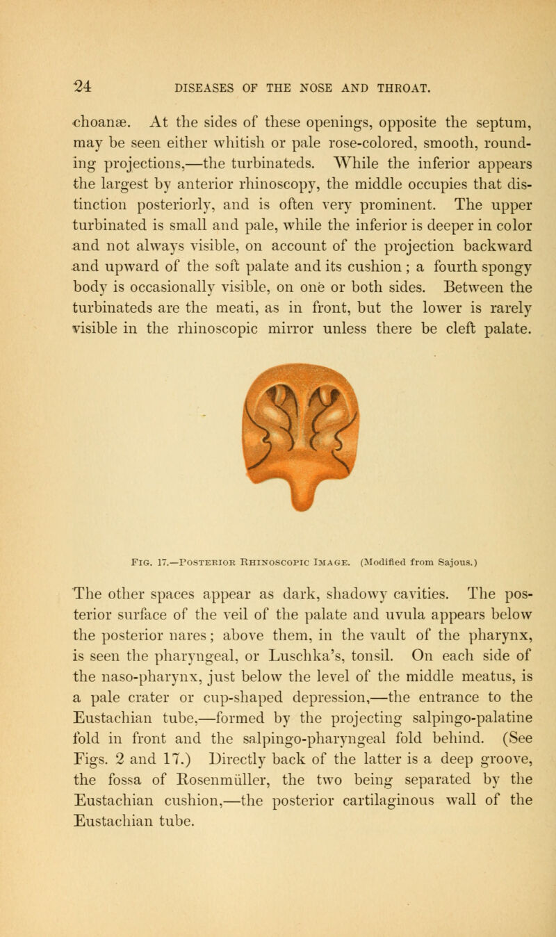 choanae. At the sides of these openings, opposite the septum, may be seen either whitish or pale rose-colored, smooth, round- ing projections,—the turbinateds. While the inferior appears the largest by anterior rhinoscopy, the middle occupies that dis- tinction posteriorly, and is often very prominent. The upper turbinated is small and pale, while the inferior is deeper in color and not always visible, on account of the projection backward and upward of the soft palate and its cushion ; a fourth spongy body is occasionally visible, on one or both sides. Between the turbinateds are the meati, as in front, but the lower is rarely visible in the rhinoscopic mirror unless there be cleft palate. Fig. 17.—Posterior Rhinoscopic Image. (Modified from Sajous.) The other spaces appear as dark, shadowy cavities. The pos- terior surface of the veil of the palate and uvula appears below the posterior nares; above them, in the vault of the pharynx, is seen the pharyngeal, or Luschka's, tonsil. On each side of the naso-pharynx, just below the level of the middle meatus, is a pale crater or cup-shaped depression,—the entrance to the Eustachian tube,—formed by the projecting salpingo-palatine fold in front and the salpingo-pharyngeal fold behind. (See Figs. 2 and 17.) Directly back of the latter is a deep groove, the fossa of Kosenmiiller, the two being separated by the Eustachian cushion,—the posterior cartilaginous w^all of the Eustachian tube.