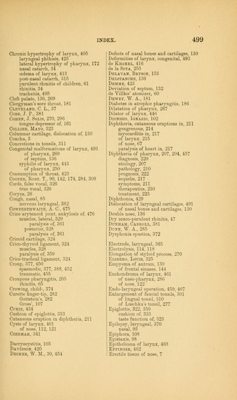 Chronic hypertrophy of larynx, 405 laryngeal phthisis, 425 lateral hypertrophy of pharynx, 172 nasal catarrh, 34 oedema of larynx, 413 post-nasal catarrh, 315 ])urulent rhinitis of children, 61 rhinitis, 34 tracheitis, 495 Cleft palate, 136, 269 Clergyman's sore throat, 181 Cleveland, C. L., 37 Cobb, J. P., 381 Cohen, J. Solis, 270, 296 tongue-depressor of, 161 Collier, Mayo, 323 Columnar cartilage, dislocation of, 130 Concha, 3 Concretions in tonsils, 311 Congenital malformations of larynx, 493 of pharynx, 269 of septum, 136 syphilis of larynx, 443 of pharynx, 250 Consumption of throat, 423 Cooper, Robt. T., 90, 142, 174, 284, 309 Cords, false vocal, 326 true vocal, 326 Coryza, 26 Cough, nasal, 85 nervous laryngeal, 382 Cowperthwaite, a. C, 475 Crico-arytenoid joint, ankylosis of, 476 muscles, lateral, 329 j)aralysis of, 361 posterior, 328 paralysis of, 361 Cricoid cartilage, 324 Crico-thyroid ligament, 324 muscles, 328 paralysis of, 359 Crico-tracheal ligament, 324 Croup, 377, 450 spasmodic, 377, 388, 452 traumatic, 455 Croupous pharyngitis, 205 rhinitis, 65 Crowing, child-, 374 Curette finger-tip, 282 Gottstein's, 282 Gross', 107 Curie, 434 Cushion of epiglottis, 333 Cutaneous eruption in diphtheria, 211 Cysts of larynx, 461 of nose, 112, 121 Czermak, 341 Dacryocystitis, 105 Davidson, 420 Decker, W. M.. 30. 454 Defects of nasal bones and cartilages, 130 Deformities of larynx, congenital, 493 de Keghel, 416 de la SoTA, 255 Delavan, Bryson, 153 Delstanche, 136 Demme, 423 Deviation of septum, 132 de Villbis' atomizer, 60 Dewey, W. A., 181 Diabetes in atrophic pharyngitis, 186 Dilatation of pharynx, 267 Dilator of larynx, 446 DioNisio, Ignazio, 102 Diphtheria, cutaneous eruptions in, 211 gfingrenous, 214 myocarditis in, 217 of larynx, 215 of nose, 67 ])aralysis of heart in, 217 Diphtheria of pharynx, 207, 294, 457 diagnosis, 220 etiology, 207 pathology, 210 prognosis, 222 sequelae, 217 symptoms, 211 therapeutics, 230 treatment, 223 Diphthonia, 429 Dislocation of laryngeal cartilages, 491 of nasal bones and cartilages, 130 Double nose, 136 Dry muco-purulent rhinitis, 47 Dunham, Carroll, 381 Dunn, W. A., 285 Dysphonia spastica, 372 Electrode, laryngeal, 365 Electrolysis, 114, 118 Elongation of styloid process, 270 Elsberg, Louis, 325 Empyema of antrum, 139 of frontal sinuses, 144 Enchondroma of larynx, 461 of naso-pharynx, 286 of nose, 122 Endo-laryngeal operation, 459, 467 Enlargement of faucial tonsils, 301 of lingual tonsil, 310 of Luschka's tonsil, 277 Epiglottis, 322, 350 cushion of, 333 taste function of, 323 Epilepsy, laryngeal, 370 nasal, 93 Epiphora, 108 Epistaxis, 98 Epithelioma of larynx, 468 Eppinqer, 462 Erectile tissue of nose, 7