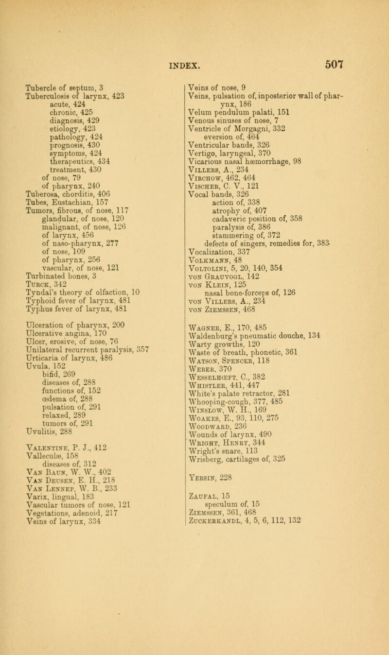 Tubercle of septum, 3 Tuberculosis of larynx, 423 acute, 424 chronic, 425 diagnosis, 429 etiology, 423 pathology, 424 prognosis, 430 symptoms, 424 therapeutics, 434 treatment, 430 of nose, 79 of pharynx, 240 Tuberosa, chorditis, 406 Tubes, Eustachian, 157 Tumors, fibrous, of nose, 117 glandular, of nose, 120 malignant, of nose, 126 of larynx, 456 of naso-pharynx, 277 of nose, 109 of pharynx, 256 vascular, of nose, 121 Turbinated bones, 3 TuRCK, 342 Tyndai's theory of olfaction, 10 Typhoid fever of larynx, 481 Typhus fever of larynx, 481 Ulceration of pharynx, 200 Ulcerative angina, 170 Ulcer, erosive, of nose, 76 Unilateral recurrent paralysis, 357 Urticaria of larynx, 486 Uvula, 152 bifid, 269 diseases of, 288 functions of, 152 oedema of, 288 pulsation of, 291 relaxed, 289 tumors of, 291 Uvulitis, 288 Valentine, P. J., 412 Vallecula, 158 diseases of, 312 Van Baun, W. W., 402 Van Deusen, E. H., 218 Van Lennep, W. B., 233 Varix, lingual, 183 Vascular tumors of nose, 121 Vegetations, adenoid, 217 Veins of larynx, 334 Veins of nose, 9 Veins, pulsation of, inposterior wall of phar- ynx, 186 Velum pendulum palati, 151 Venous sinuses of nose, 7 Ventricle of Morgagni, 332 eversion of, 464 Ventricular bands, 326 Vertigo, laryngeal, 370 Vicarious nasal haBmorrhage, 98 Villers, a., 234 ViRCHow, 462, 464 ViscHER, C. v., 121 Vocal bands, 326 action of, 338 atrophy of, 407 cadaveric position of, 358 paralysis of, 386 stammering of, 372 defects of singers, remedies for, 383- Vocalization, 337 Volkmann, 48 VoLTOLiNi, 5, 20, 140, 354 voN Grauvogl, 142 VON Klein, 125 nasal bone-forceps of, 126 VON Villers, A., 234 VON ZlEMSSEN, 468 Wagner, E., 170, 485 Waldenburg's pneumatic douche, 134 Warty growths, 120 Waste of breath, phonetic, 361 Watson, Spencer, 118 Weber. 370 Wesselhceft, C, 382 Whistler, 441, 447 White's palate retractor, 281 Whooping-cough, 377, 485 WiNSLOw, W. H., 169 Woakes, E., 93, 110, 275 Woodward, 236 Wounds of larynx, 490 Wright, Henry, 344 Wright's snare, 113 Wrisberg, cartilages of, 325 Yersin, 228 Zaufal, 15 speculum of, 15 ZlEMSSEN, 361, 468 ZUCKERKANDL, 4, 5, 6, 112, 132