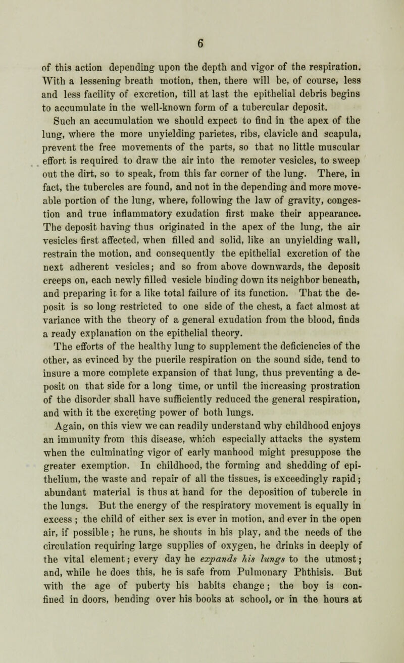 of this action depending upon the depth and vigor of the respiration. With a lessening breath motion, then, there will be, of course, less and less facility of excretion, till at last the epithelial debris begins to accumulate in the well-known form of a tubercular deposit. Such an accumulation we should expect to find in the apex of the lung, where the more unyielding parietes, ribs, clavicle and scapula, prevent the free movements of the parts, so that no little muscular effort is required to draw the air into the remoter vesicles, to sweep out the dirt, so to speak, from this far corner of the lung. There, in fact, the tubercles are found, and not in the depending and more move- able portion of the lung, where, following the law of gravity, conges- tion and true inflammatory exudation first make their appearance. The deposit having thus originated in the apex of the lung, the air vesicles first affected, when filled and solid, like an unyielding wall, restrain the motion, and consequently the epithelial excretion of the next adherent vesicles; and so from above downwards, the deposit creeps on, each newly filled vesicle binding down its neighbor beneath, and preparing ic for a like total failure of its function. That the de- posit is so long restricted to one side of the chest, a fact almost at variance with the theory of a general exudation from the blood, finds a ready explanation on the epithelial theory. The efforts of the healthy lung to supplement the deficiencies of the other, as evinced by the puerile respiration on the sound side, tend to insure a more complete expansion of that lung, thus preventing a de- posit on that side for a long time, or until the increasing prostration of the disorder shall have sufficiently reduced the general respiration, and with it the excreting power of both lungs. Again, on this view we can readily understand why childhood enjoys an immunity from this disease, which especially attacks the system when the culminating vigor of early manhood might presuppose the greater exemption. In childhood, the forming and shedding of epi- thelium, the waste and repair of all the tissues, is exceedingly rapid; abundant material is thus at hand for the deposition of tubercle in the lungs. But the energy of the respiratory movement is equally in excess ; the child of either sex is ever in motion, and ever in the open air, if possible; he runs, he shouts in his play, and the needs of the circulation requiring large supplies of oxygen, he drinks in deeply of the vital element; every day he expands his lungs to the utmost; and, while he does this, he is safe from Pulmonary Phthisis. But with the age of puberty his habits change; the boy is con- fined in doors, bending over his books at school, or in the hours at