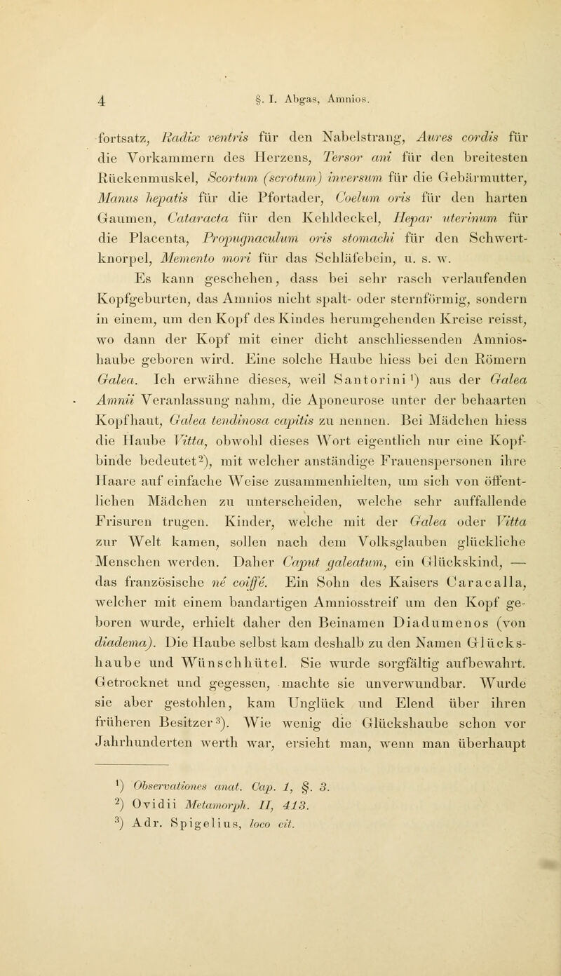 fortsatZj Radix ventris für den Nabelstrang, Äures cordis für die Vorkammern des Herzens, Tersor ani für den breitesten Rückenmuskel, Scortiim (scrotum.) inversum für die Gebärmutter, Manus liepatis für die Pfortader, Coelum oris für den harten Gaumen, Cataracta für den Kehldeckel, Hepar uterinum, für die Placenta, Propugnaculum oi'is stomachi für den Schwert- knorpel, Memento mori für das Schläfebein, u. s. w. Es kann geschehen, dass bei sehr rasch verlaufenden Kopfgeburten, das Amnios nicht spalt- oder sternförmig, sondern in einem, um den Kopf des Kindes herumgehenden Kreise reisst, wo dann der Kopf mit einer dicht anschliessenden Amnios- haube geboren wird. Eine solche Haube hiess bei den Römern Galea. Ich erwähne dieses, weil Santorini') aus der Galea Amnii Veranlassung nahm, die Aponeurose unter der behaarten Kopfhaut, Galea tendinosa capitis zu nennen. Bei Mädchen hiess die Haube Vitta, obwohl dieses Wort eigentlich nur eine Kopf- binde bedeutet2), mit welcher anständige Frauenspersonen ihre Haare auf einfache Weise zusammenhielten, um sich von öffent- lichen Mädchen zu unterscheiden, welche sehr auffallende Frisuren trugen. Kinder, welche mit der Galea oder Vitta zur Welt kamen, sollen nach dem Volksglauben glückliche Menschen w^erden. Daher Caput galeatum, ein Glückskind, — das französische we <^oiffe. Ein Sohn des Kaisers Caracalla, welcher mit einem bandartigen Amniosstreif um den Kopf ge- boren wurde, erhielt daher den Beinamen Diadumenos (von diadema). Die Haube selbst kam deshalb zu den Namen Glücks- haube und Wünschhütel. Sie wurde sorgfältig aufbewahrt. Getrocknet und gegessen, machte sie unverwundbar. Wurde sie aber gestohlen, kam Unglück und Elend über ihren früheren Besitzer 3). Wie wenig die Glückshaube schon vor Jahrhunderten werth war, ersieht man, wenn man überhaupt ') Observationes anat. Caj}. 1, §.3. 2) Ovidii Metamorph. II, 413. 3) Adr. Spigelius, loco cit.