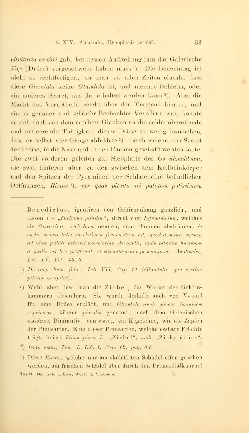 pitnUarta ccrubri gab, bei dessen Aurstelhmg ihm ihis (Jaleiiisehe äor^v (Drüse) vorgeschwebt haben muss '). Die Benennung ist nicht zu reelitfertigen, da man zu allen Zeiten einsall, dass diese Glandula keine Glandula ist, und niemals Schleim, oder ein anderes Sccret, aus ihr erhalten werden kann ^). Aber die Älacht des Vorurtheils reicht über den Verstand hinaus, und ein so genauer und scharfer Beobachter Vesalius wai', konnte er sich doch von dem ererbten Glauben an die schleimbereitende und entleerende Thätigkeit dieser Di'üse so wenig losmachen, dass er selbst vier Gänge abbildete ■'), durch welche das Secret der Drüse, in die Nase und in den Rachen geschafft werden sollte. Die zwei vorderen geleiten zur Siebplatte des Os eJlunoideiiyn, die zwei hinteren aber zu den zwischen dem Keilbeinkörper und den Spitzen der Pyramiden der Schläfebeine befindlichen Oeflfnungen, Rlmae ^), per quas pituita ori palatove potissimum Benedict US, ignoriren den Gehirnauhang gänzlich, und lassen die ^fluctiones pltuitae^'', direct vom InfuncJihulum, welches sie Concavitas concJiularls nennen, zx;m Gaumen abströmen: in ■media concavitatls conchnlaris foramrntum est, qitod deorsum x^crsus, ad viam ixdati extremi excretorlam de.sccndit, unde püiidae ßuct/ones a media cerehra profluunt, et stevnutamenta prorumpunt. Anatomice, Lih. IV, Fol. 43, h. ') De corp. hum. fuhr., Lih. VII, Cup. 11 {Glandula, qua cerebri pitiiita excipitur). 2) Wohl aber liess man die Zirbel, das Wasser der Gehirn- kammern absondern. Sie wurde deshalb auch von Acesal für eine Drüse erklärt, und Glundulu nucis pineae imurjinein exprimens, kürzer ^^/j^rY^/Zs genannt, nach dem Galenischen y.ojvzp'.ov, Diminutiv von v.(7jvo;, ein Kegelchen, wie die Zapfen der Pinusarten. Eine dieser Pinusarteu, welche essbare Früchte trägt, heisst Pimis p)inea L. „Zirbel, irnde „Zirbeldrüse. ■') ^PP- omn., Tom. I, Lih. I, CJap. 12, pucj. 44. *) Diese Rimue, welche nur am skeletirlen Schädel offen gesehen werden, am frischen Schädel aber durch den Primordialknorpel Hyrtl. Die arab. u. hebr. Worte (1. Anatomie. 3