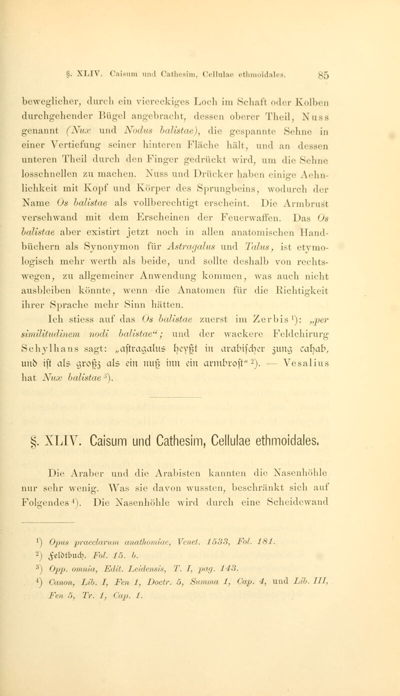 beweglicher, durch ein vicreckig-es Loch im Schaft oder Kolben durchgehender Bügel angebracht, dessen oberer Theil, Nuss genannt (Ahcx und Nodus halistae), die gespannte Sehne in einer Vertiefung seiner hinteren Fläche hält, und an dessen unteren Theil durch den Finger gedrückt wird, um die Sehne losschnellen zu machen. Nuss und Drücker haben einige Aehn- lichkeit mit Kopf und Körper des Sprungbeins, wodurch der Name Os halistae als vollberechtigt erscheint. Die Armbrust verschwand mit dem Erscheinen der Feuerwaffen. Das Os halistae aber existirt jetzt noch in allen anatomischen Hand- büchern als Synonymon für Ästragalus und Talus, ist etvmo- logisch mehr werth als beide, und sollte deshalb von rechts- wegen, zu allgemeiner Anwendung kommen, was auch nicht ausbleiben könnte, wenn die Anatomen für die Richtigkeit ihrer Sprache mehr Sinn hätten. Ich stiess auf das Os halistae zuerst im Zerbis '): ,,pe7' similitudinem nodi halistae'^; und der Avackere Fcldchirurg Schjlhans sagt: „aftra^ahis f^oyft in arabifdier junc; cal}ab, unb ift als grof55 als ein nu|5 tun ein annbroft'-). — Vesalius hat Nux halistae ■^). §. XLIV. Caisum und Cathesim, Cellulae ethmoidales, Die Araber und die Arabisten kannten die Nasenhöhle nur sehr wenig. Was sie davon wussten, beschränkt sich auf Folgendes ^). Die Nasenhöhle wird durch eine Scheidewand 1) Opus praeclaruin anathorniae, Venet. 1533, Fol. 181. '^) ejclbtbudj, Fol. 15. h. 3) Opp. omnia, Edit. Leidensis, T. I, pag. 143. ■1) Canon, Lib. I, Fen 1, Doctr. 5, Summa 1, Cap. 4, und Lib. 111, Fen 5, Tr. 1, Cap. 1.