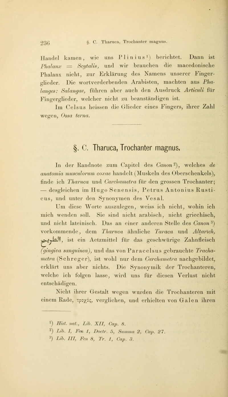 93Ö §• C. Tharuca, TrocLanter magnus. Handel kamen, wie uns Plinius') berichtet. Dann ist Phalanx = Sciftalis, und wir brauchen die macedonische Phalanx nicht, zur Erklärung des Namens unserer Finger- glieder. Die wortverderbenden Arabisten, machten aus Plia- langes: Salangae, führen aber auch den Ausdruck ArticuU für Fingerglieder, welcher nicht zu beanständigen ist. Im Celsus heissen die Glieder eines Fingers, ihrer Zahl wegen, Ossa terna. §. C. Tharuca, Trochanter magnus. In der Randnote zum Capitel des Canon 2), welches de anatomia musculorum coxae handelt (Muskeln des Oberschenkels), finde ich Tharuca und Carchametra für den grossen Trochanter; — desgleichen im Hugo Senensis, Petrus Antonius Rusti- cus, und unter den Synonymen des Vesal. Um diese Worte auszulegen, weiss ich nicht, wohin ich mich wenden soll. Sie sind nicht arabisch, nicht griechisch, und nicht lateinisch. Das an einer anderen Stelle des Canon 3) vorkommende, dem Tharuca ähnliche Taraca und Altarich, ^jJaJf, ist ein Aetzmittel für das geschwürige Zahnfleisch (gingiva sanguinea), und das von Paracelsus gebrauchte Traclia- metra (Sehreger), ist wohl nur dem Carchametra nachgebildet, erklärt uns aber nichts. Die Synonymik der Trochanteren, welche ich folgen lasse, Avird uns für diesen Verlust nicht entschädigen. Nicht ihrer Gestalt wegen wurden die Trochanteren mit einem Rade, fpo/o?, verglichen, und erhielten von Galen ihren ') Hist. nat., Lib. XII, Cap. 8. 2) Lib. I, Feil 1, Doctr. 5, Summa 2, Cap. 27.