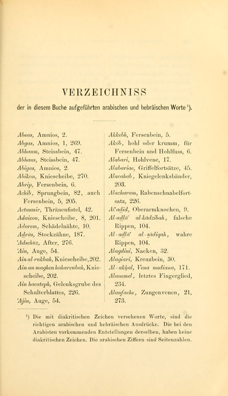 VERZEICHNIS^ der in diesem Buciie aufgeführten arabisclien und hebräischen Worte'). Aheas, Amnios, 2. Abgas, Amnios, 1, 269. Abhaum, Steissbein^ 47. Abliaus, Steissbein, 47. Abigas, Amnios, 2. Abikon, Kniescheibe, 270. Abrlp, Fersenbein^ 6. AcTdb, Sprungbein, 82, auch Fersenbein, 5, 205. Actasmh', Thränenfistel, 42. Adaicon, Kniescheibe, 8, 201. Adorem, Schädelnähte, 10. Adräs, Stockzähne, 187. 'Adschüz, After, 276. Ain, Auge, 54. Ain al-rukbali, Kniescheibe, 202. Ain au maghen haharcubah, Knie- scheibe, 202. Ain hacate'pli, Gelenksgrube des Schulterblattes, 226. Ajin, Auge, 54. Akkebh, Fersenbein, 5. Akob, hohl oder krumm, für Fersenbein und Hohlfuss, 6. Alaban, Hohlvene, 17. Alabariae, Griffelfortsätze, 45. Alacahab, Kniegelenksbändei-, 203. Alacharam, Rabenschnabelfort- satz, 226. Al'adid^ Oberarmknochen, 9. Al-adla al-kädzibah, falsche Rippen, 104. Al-adla al-sädiqali, wahre Rippen, 104. Alagdini, Nacken, 32. Alagiari, Kreuzbein, 30. Al-aklial, Vena mediana, 171. Alanemel, letztes Fingerglied, 234. Alanfaclie, Zungenvenen, 21, 273. ') Die mit diakritischen Zeichen versehenen Worte, sind die richtigen arabischen und hebräischen Ausdrücke. Die bei den Arabisten vorkommenden Entstellungen derselben, haben keine diakritischen Zeichen. Die arabischen Ziffern sind Seitenzahlen.