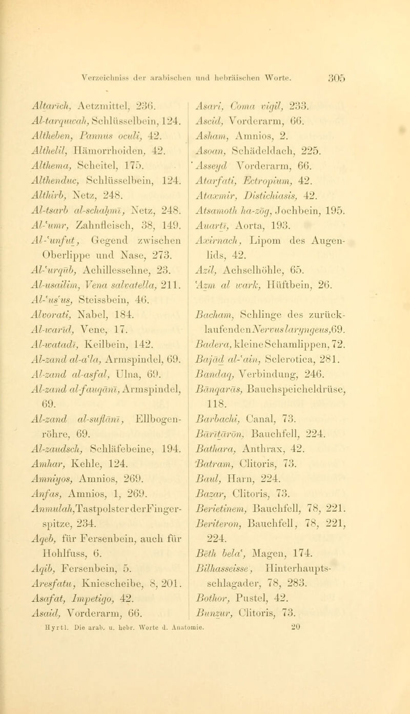 Altartcli, Aetzmittel, 2o(). Al-tarquwah, Schlüsselbein, l!?4. Altheben, Pannus oculi, 42. Älthelil, Iliiinorrhoicleii;, 42. Altliema, Scheitel, 175. Althenduc, Schlüsselbein, 124. Althirh, Netz, 248. Al-tsarh al-schahnl, Netz, 248. Al-'umr, Zahnfleisch, 38, 149. Al-'unfut, Gegend zwischen Oberlippe und Nase, 273. AVurqüh, Achillessehne, 23. Al-usailim, Vena salvatella, 211. Al-'us^ns^, Steissbein, 46. Älvorati, Nabel, 184. Al-icarld, Vene, 17. Al-ivatadi, Keilbein, 142. Al-zand al-a'la, Armspindel, 69. Al-zand cd-asfal, Ulna, 69. Al-zand al-fauqänl, Armspindel, 69. Al-zand al-suflänl^ Ellbogen- röhre, 69. Al-zaudsch, Schläfebeine, 194. Amliar, Kehle, 124. Amniyos, Amnios, 269. Anfas, xVmnios, 1, 269. ^w??itt?a/i,TastpolsterderFinger- spitze, 234. Aqeb, für Fersenbein, auch für Hohlfuss, 6. Aqih^ Fersenbein, 5. Aresfatu, Kniescheibe, 8, 201. Asafat, Impetigo, 42. Asaid, Vorderarm, 66. Hyrtl. Die arali. u. helir. Worte J. Aiui Asari, Conia vigil, 233. Ascid, Vorderarm, 66. Ashani, Amnios, 2. Asoan, Schädeldach, 225. Asseyd Vorderarm, 66. Atarfati, Ectropium, 42. Ataxmir, Distichiasls, 42. Atsamoth ha-zög, Jochbein, 195. AuarU, Aorta, 193. Axirnacli, Lipom des Augen- lids, 42. Azil, Achselhöhle, 65. Azm al icark, Hüftbein, 26. Bacliam, Schlinge des zurück- laufenden A^ervws laryngeus,69. Badera, kleine Schamlippen, 72. Bajäd al-'ain, Sclerotica, 281. Bandaq, Verbindung, 246. Bänqaräs, Bauchspeicheldrüse, 118. Barhaclii, Canal, 73. Bärltßrön, Bauchfell, 224. Bathara, Anthrax, 42. Batram, Clitoris, 73. Bald, Harn, 224. Bazar, Clitoris, 73. Berietinem, Bauchfell, 78, 221. Beriteron, Bauchfell, 78, 221, 224. Betli heia, Magen, 174. Bilhasseisse, Hinterhaupts- schlagader, 78, 283. Botlior, Pustel, 42. Bunzur, Clitoris, 73. itomie. 20