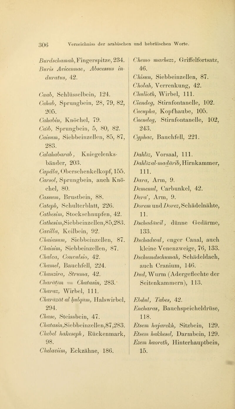 Burdscliamah, Fingerspitze, 234. Buris Avicennae, Ahscessus in- duratus, 42. Caab, Schlüsselbein, 124. Cahah, Sprungbein, 28, 79, 82, 205. Caliabin, Knöchel, 79. Cdih, Sprungbein, 5, 80, 82. Caisum, Siebbeinzellen, 85, 87, 283. Calaliaharab, Kniegelenks- bänder, 203. Cajpdla, Oberschenkelkopf, 155. Carsol, Sprungbein, auch Knö- chel, 80. Cassum, Brustbein, 88. Cateph, Schulterblatt, 226. Cathesim, Stockschnupfen, 42. CaiÄesim,Siebbeinzellen,85,283. CaviUa, Keilbein, 92. Chaiasum, Siebbeinzellen, 87. Chaisim, Siebbeinzellen, 87. Chalca, Convidsio, 42. Chamel, Bauchfell, 224. Chanzira, Struma, 42. Charät'mi = Chatasin, 283.' Charaz, Wirbel, 111. Charäzät cd hidqnm, ?Ialswirbel, 294. Chase, Steissbein, 47. C/iatosm,Siebbeinzellen,87,283. Cliebel hakeseph, Rückenmark, 98. Chelavilm, Eckzähne, 186, Chemo marhezz, Griffelfortsatz, 46. Chisun, Siebbeinzellen, 87. Cholah, Verrenkung, 42. Chidioth, Wirbel, 111. Ciendeg, Stirnfontanelle, 102. Cucupha, Kopfhaube, 105. Cuendeg, Stirnfontanelle, 102, 243. Cyphac, Bauchfell, 221. Dahhz, Vorsaal, 111. Dahltz al-madärih, Hirnkammer, 111. Dara, Arm, 9. Demenul, Carbunkel, 42. Dera\ Arm, 9. Dorem und Dorez, Schädelnähte, 11. Dschadäicü, dünne Gedärme, 133. Dschadwal, enger Canal, auch kleine Venenzweige, 76, 133. Dschumdschumah, Schädeldach, auch Cranium, 146. Dud, Wurm (Adergeilechte der Seitenkammern), 113. Ehdul, Tabes, A2. Encharas, Bauchspeicheldrüse, 118. Etsem hajarekh, Sitzbein, 129. Etsem hakhesel^ Darmbein, 129. Ezem haoreth, Hinterhauptbein, 15.