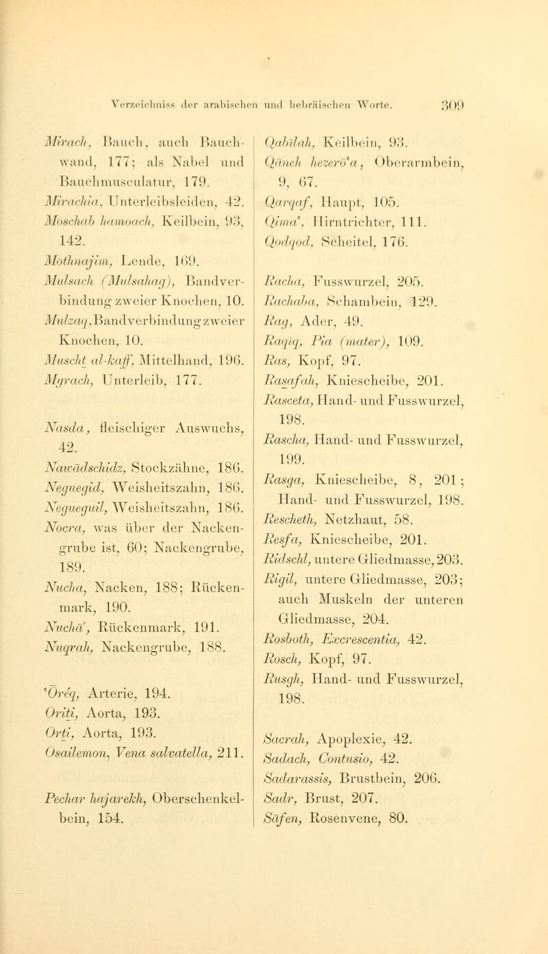 Mlracli, l^)auc'li, aiu-li Ik-uu-Ii- wancl, 177; als Nal)c'l und Bauchmiisc'iilatur, 179. Mirachia, Unterleibsleiden, 42. Moschah hamoach, Keilbein, 93, 142. Motlmajlm, Lende, 169. Mulsacli (Mulsaliag), Bandver- bindung zweier Knochen, 10. Mulzaq, Band Verbindung zweier Knochen, 10. Muscld al-kaß] Mittelhand, 196. Mip-achy Unterleib, 177. Nasda, fleischiger Auswuchs, 42. Nawädscliidz, Stockzähne, 186. Neguegid, Weisheitszahn, 186, Negueguil, Weisheitszahn, 186. Nocra, was über der Nacken- grube ist, 60; Nackengrube, 189. Nucha, Nacken, 188; Rücken- mark, 190. Nuclia, Rückenmark, 191. Nuqrah, Nackengrube, 188. 'Öreg, Arterie, 194. Oriti, Aorta, 193. Orti, Aorta, 193. Osailemon^ Vena salvatella, 211. Pecliar liajarekh, Oberschenkel- bein, 154. Qahllcüi, Keilbein, it3. Qäneh hezerd'a, Oberarmbein, 9, 67. Qarqaf, 11 au j) t, 105. Qima', Hirntrichter, 111. Qodqod, Scheitel, 176. Raclia, Fusswurzel, 205. Rachaha, Schami)ein, 129. Rag, Ader, 49. Racfiq, Pia (mater), 109. Ras^ Kopf, 97. Rasafah, Kniescheibe, 201. Rasceta, Hand- und Fusswurzel, 198. Rasclia^ Hand- und Fusswurzel, 199. Rasga, Kniescheibe, 8, 201; Hand- und Fusswurzel, 198, Rescheth, Netzhaut, 58. Resfa, Kniescheibe, 201. Ridsclil, untere Oliedmasse, 203. Rigil, untere Gliedmasse, 203; auch Muskeln der unteren Gliedmasse, 204. Roshotli, Excrescentia, 42. Rosch, Kopf, 97. Rusgh, Hand- und Fusswurzel, 198. Sacrah, Apoplexie, 42. Sadach, Contusio, 42. Sadarassis, Brustbein, 206. Sadr, Brust, 207. Säfen, Rosenvene, 80.