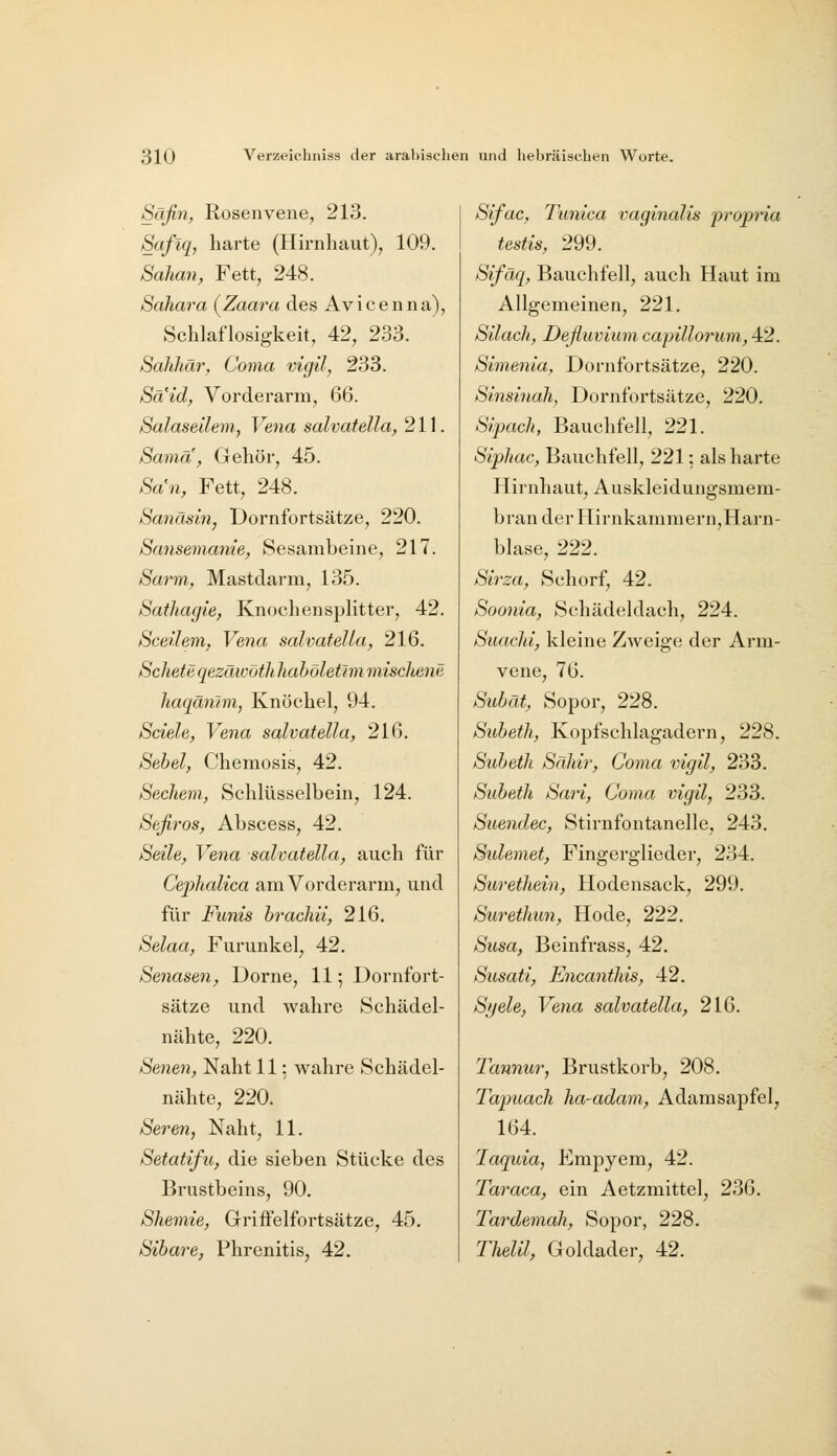 Säfin, Rosenvene, 213. Saflq, harte (Hirnhaut), 109. Sahan, Fett, 248. Sahara (^Zaara des Avicenna), Schlaflosigkeit, 42, 233. Sahhär^ Coma vigil, 233. Said, Vorderarm, 66. Salaseilem., Vena salvatella, 211. Sama, Gehör, 45. Sa% Fett, 248. Sanäsin, Dornfortsätze, 220. Sansemanie, Sesambeine, 217. Sarm, Mastdarm, 135. Sathagie, Knochensplitter, 42. Sceüerriy Vena salvateUa, 216. Scheteqezäwöth haböletim mischene liaqämm, Knöchel, 94. Sciele, Vena salvateUa, 216. Sehet, Chemosis, 42. Secliem, Schlüsselbein, 124. Sefiros, Abscess, 42. Seile, Vena salvateUa, auch für Cephalica am Vorderarm, und für Funis brachii, 216. Selaa, Furunkel, 42. Senasen, Dorne, 11; Dornfort- sätze und wahre Schädel- nähte, 220. Senen, Naht 11: wahre Schädel- nähte, 220. Seren, Naht, 11. Setatifu, die sieben Stücke des Brustbeins, 90. Shemie, Griffelfortsätze, 45. Sihare, Phrenitis, 42. Sifac, Timica vaginalis ■projjria testis, 299. Sifäq, Bauchfell, auch Haut im Allgemeinen, 221. Silacli, Defluviiim capillorum, 42. Simenia, Dornfortsätze, 220. Sinsinali, Dornfortsätze, 220. Sipach, Bauchfell, 221. Siphac, Bauchfell, 221: als harte Hirnhaut, Auskleidungsmem- bran der Hirnkammern,Harn- blase, 222. Sirza, Schorf, 42. Soonia, Schädeldach, 224. SuacM, kleine Zweige der Arm- vene, 76. Subät, Sopor, 228. Suheth, Kopfschlagadern, 228. Suheth Sahir, Coma vigil, 233. Suheth Sari, Coma vigil, 233. Suendec, Stirnfontanelle, 243, Sulemet, Fingerglieder, 234. Surethein, Hodensack, 299. Surethun, Hode, 222. Susa, Beinfrass, 42. Susati, Encanthis, 42. Syele, Vena salvateUa, 216. Tannur, Brustkorb, 208, Tapuach ha-adam., Adamsapfel, 164. laquia, Empyem, 42. Taraca, ein Aetzmittel, 236, Tardemah, Sopor, 228. TheUl, Goldader, 42,