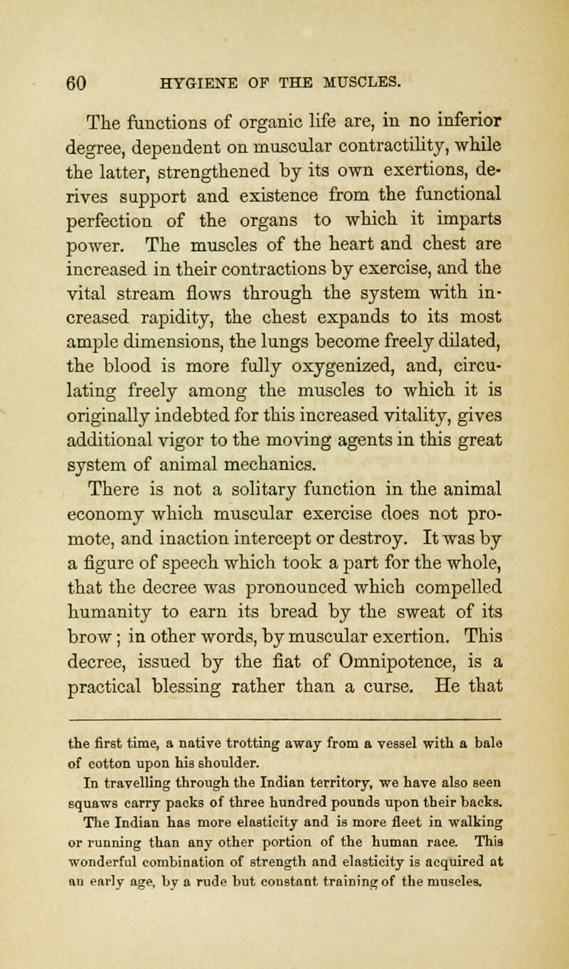 The functions of organic life are, in no inferior degree, dependent on muscular contractility, while the latter, strengthened by its own exertions, de- rives support and existence from the functional perfection of the organs to which it imparts power. The muscles of the heart and chest are increased in their contractions by exercise, and the vital stream flows through the system with in- creased rapidity, the chest expands to its most ample dimensions, the lungs become freely dilated, the blood is more fully oxygenized, and, circu- lating freely among the muscles to which it is originally indebted for this increased vitality, gives additional vigor to the moving agents in this great system of animal mechanics. There is not a solitary function in the animal economy which muscular exercise does not pro- mote, and inaction intercept or destroy. It was by a figure of speech which took a part for the whole, that the decree was pronounced which compelled humanity to earn its bread by the sweat of its brow; in other words, by muscular exertion. This decree, issued by the fiat of Omnipotence, is a practical blessing rather than a curse. He that the first time, a native trotting away from a vessel with a bale of cotton upon his shoulder. In travelling through the Indian territory, we have also seen squaws carry packs of three hundred pounds upon their backs. The Indian has more elasticity and is more fleet in walking or running than any other portion of the human race. This wonderful combination of strength and elasticity is acquired at au early age, by a rude but constant training of the muscles.