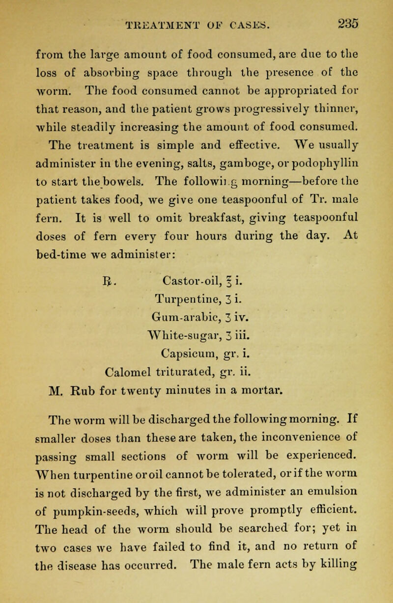 from the large amount of food consumed, are due to the loss of absorbing space through the presence of the worm. The food consumed cannot be appropriated for that reason, and the patient grows progressively thinner, while steadily increasing the amount of food consumed. The treatment is simple and effective. We usually administer in the evening, salts, gamboge, or podophyllin to start the bowels. The following morning—before the patient takes food, we give one teaspoonful of Tr. male fern. It is well to omit breakfast, giving teaspoonful doses of fern every four hours during the day. At bed-time we administer: IJ. Castor-oil, § i. Turpentine, 3 i. Gum-arabic, 3 iv. White-sugar, 3 iii. Capsicum, gr, i. Calomel triturated, gr. ii. M. Rub for twenty minutes in a mortar. The worm will be discharged the following morning. If smaller doses than these are taken, the inconvenience of passing small sections of worm will be experienced. When turpentine or oil cannot be tolerated, or if the worm is not discharged by the first, we administer an emulsion of pumpkin-seeds, which will prove promptly efficient. The head of the worm should be searched for; yet in two cases we have failed to find it, and no return of the disease has occurred. The male fern acts by killing