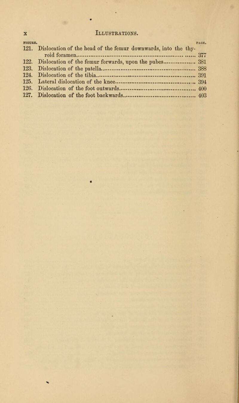 FiaiTBE. PAOF.. 121. Dislocation of the head of the femur downwards, into the thy- roid foramen 377 122. Dislocation of the femur forwards, upon the pubes 381 123. Dislocation of the patella 388 124. Dislocation of the tibia 391 125. Lateral dislocation of the knee 394 126. Dislocation of the foot outwards 400