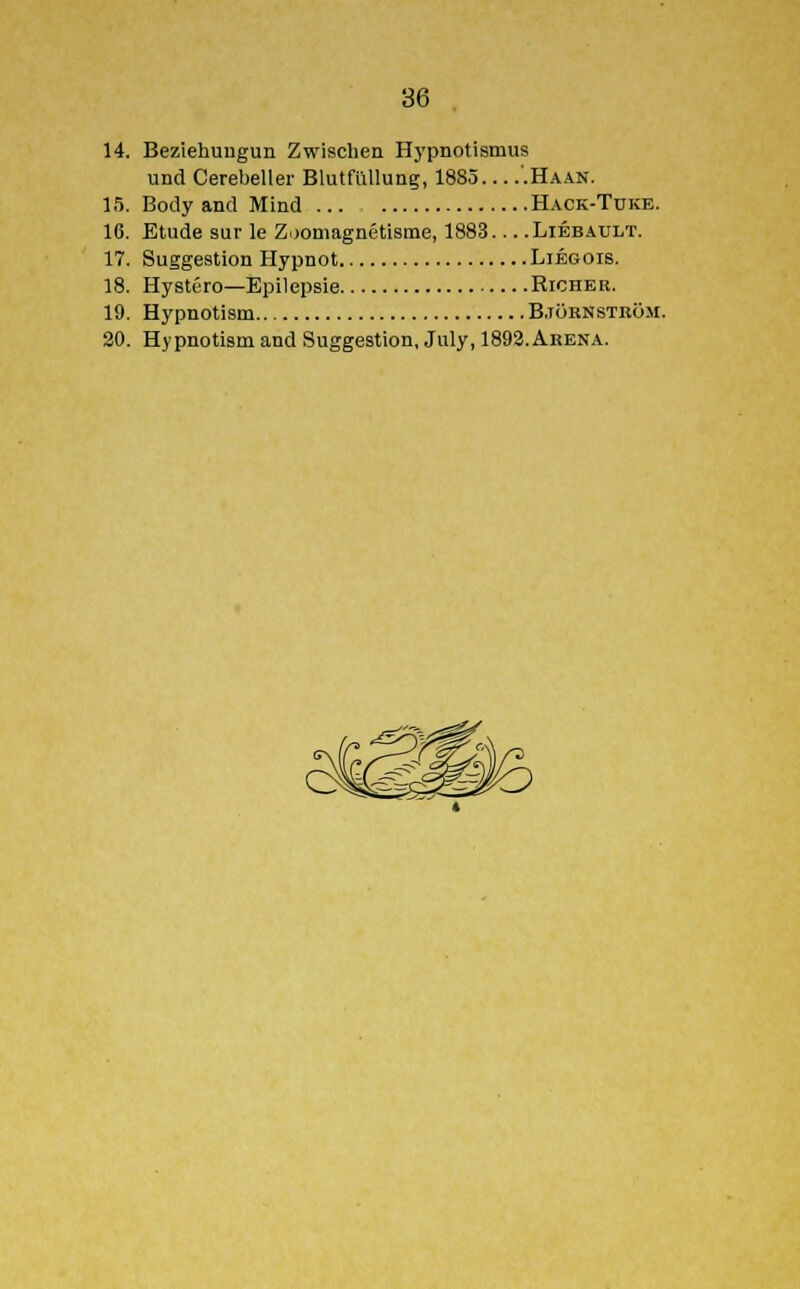 14. Beziehungun Zwischen Hypnotismus und Cerebeller Blutfiillung, 1885 '.Haan. 15. Body and Mind Hack-Tuke. 16. Etude sur le Zi>omagnetisme, 1883 Liebault. 17. Suggestion Hypnot Liegois. 18. Hystero—Epilepsie Richer. 19. Hypnotism B.ioknstrom. 20. Hypnotism and Suggestion, July, 1892.Arena.