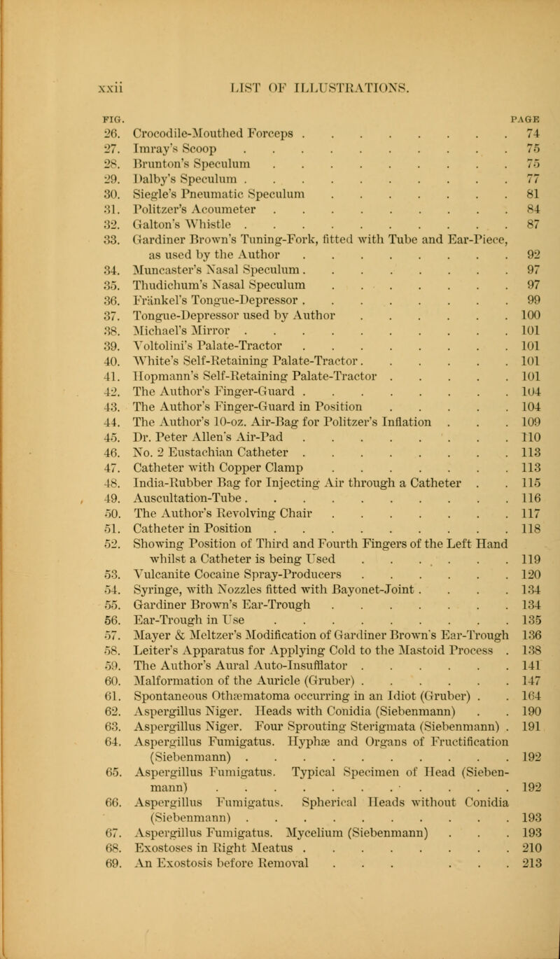 FIG. 26. 27. 28. 29. 30. :n. 32. 33. 34. 35. 36. 37. 38. 39. 40. 41. 42. 43. 44. 45. 46. 47. 48. 49. oO. 51. 52. 53. 54. 55. 66. 57. 58. 59. 60. 61. 62. 63. 64. 65. 66. 67. 68. 69. Crocodile-Mouthed Forceps Iraray's Scoop Brunton's Speculum Dalby's Speculum Siegle's Pneumatic Speculum Politzer's Acoumeter Galton's Whistle Gardiner Brown's Tuning-Fork, fitted with Tube and Ear-Piece as used by the Author Muncaster's Nasal Speculum Thudichum's Nasal Speculum FrUnkel's Tongue-Depressor Tongue-Depressor used by Author .... Michael's Mirror Yoltolini's Palate-Tractor AVhite's Self-Retaining Palate-Tractor.... Tlopmann's Self-Retaining Palate-Tractor . The Author's Finger-Guard The Author's Finger-Guard in Position The Author's 10-oz. Air-Bag for Politzer's Inflation . Dr. Peter Allen's Air-Pad No. 2 Eustachian Catheter Catheter with Copper Clamp India-Rubber Bag for Injecting Air through a Catheter Auscultation-Tube The Author's Revolving Chair Catheter in Position Showing Position of Third and Fourth Fingers of the Left whilst a Catheter is being Used . . . . Vulcanite Cocaine Spray-Producers .... Syringe, with Nozzles fitted with Bayonet-Joint . Gardiner Brown's Ear-Trough Ear-Trough in Use Mayer & Meltzer's Modification of Gardiner Brown's Ear-Tr Leiter's Apparatus for Applying Cold to the Mastoid Process The Author's Aural Auto-Insufflator Malformation of the Auricle (Gruber) Spontaneous Othirmatoma occurring in an Idiot (Gruber) . Aspergillus Niger. Heads with Conidia (Siebenmann) Aspergillus Niger. Four Sprouting Sterigmata (Siebenmann) Aspergillus Fumigatus. Hyphse and Organs of Fructification (Siebenmann) Aspergillus Fumigatus. Typical Specimen of Head (Sieben mann) • , . . Aspergillus Fumigatus. Spherical Heads without Conidia (Siebenmann) Aspergillus Fumigatus. Mycelium (Siebenmann) Exostoses in Right Meatus An Exostosis before Removal Hand ough PAGE 74