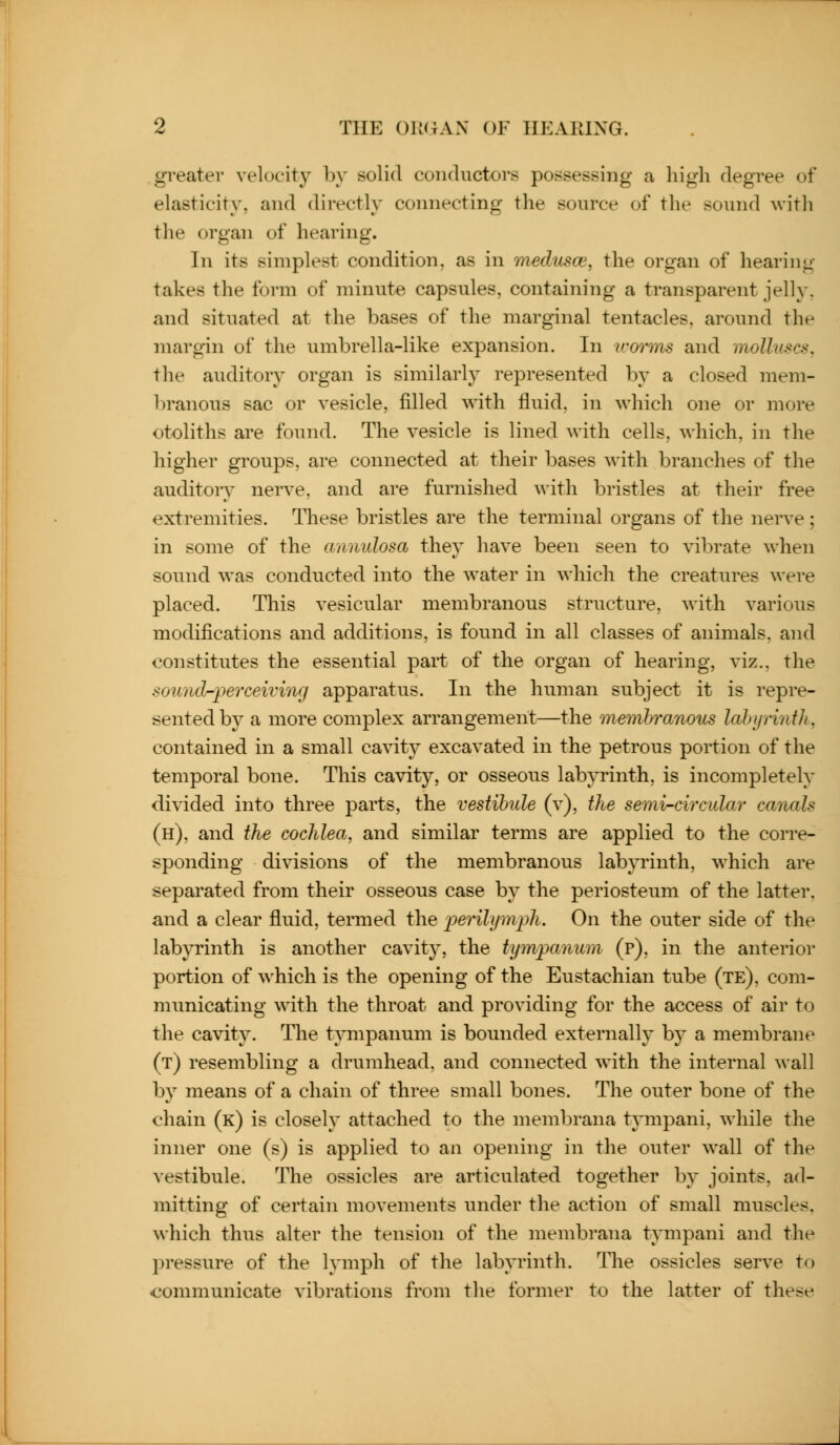 greater velocity by solid conductors possessing a high degree of elasticity, and directly connecting the source of the sound with the organ of hearing. In its simplest condition, as in medtisoi, the organ of hearing takes the form of minute capsules, containing a transparent jelly. and situated at the bases of the marginal tentacles, around the margin of the umbrella-like expansion. In worms and molhiscs, the auditor} organ is similarly represented by a closed mem- branous sac or vesicle, filled with fluid, in which one or more otoliths are found. The vesicle is lined with cells, which, in the higher groups, are connected at their bases \\'ith branches of the auditory nerve, and are furnished with bristles at their free extremities. These bristles are the terminal organs of the nerve; in some of the annulosa they have been seen to vibrate when sound was conducted into the water in which the creatures were placed. This vesicular membranous structure, with various modifications and additions, is found in all classes of animals, and constitutes the essential part of the organ of hearing, viz.. the soundr-perceiving apparatus. In the human subject it is repre- sented by a more complex arrangement—the membranous lahipinfh, contained in a small cavity excavated in the petrous portion of the temporal bone. This cavity, or osseous labyrinth, is incompletely di\-ided into three parts, the vestibule (v), the semi-circular canals (h). and the cochlea, and similar terms are applied to the corre- sponding divisions of the membranous labyrinth, which are separated from their osseous case b}^ the periosteum of the latter, and a clear fluid, termed the perilymph. On the outer side of the labyrinth is another cavity, the tympanum (p), in the anterior portion of ^^'hich is the opening of the Eustachian tube (te), com- municating with the throat and providing for the access of air to the cavity. The t^mipanum is bounded externally by a membrane (t) resembling a drumhead, and connected with the internal wall by means of a chain of three small bones. The outer bone of the chain (k) is closely attached to the membrana tympani, while the inner one (s) is applied to an opening in the outer wall of the \estibule. The ossicles are articulated together by joints, ad- mitting of certain movements under the action of small muscles, \N'hich thus alter the tension of the membrana tympani and the l)ressure of the lymph of the labyrinth. The ossicles serve to ^'ommunicate vibrations from the former to the latter of these
