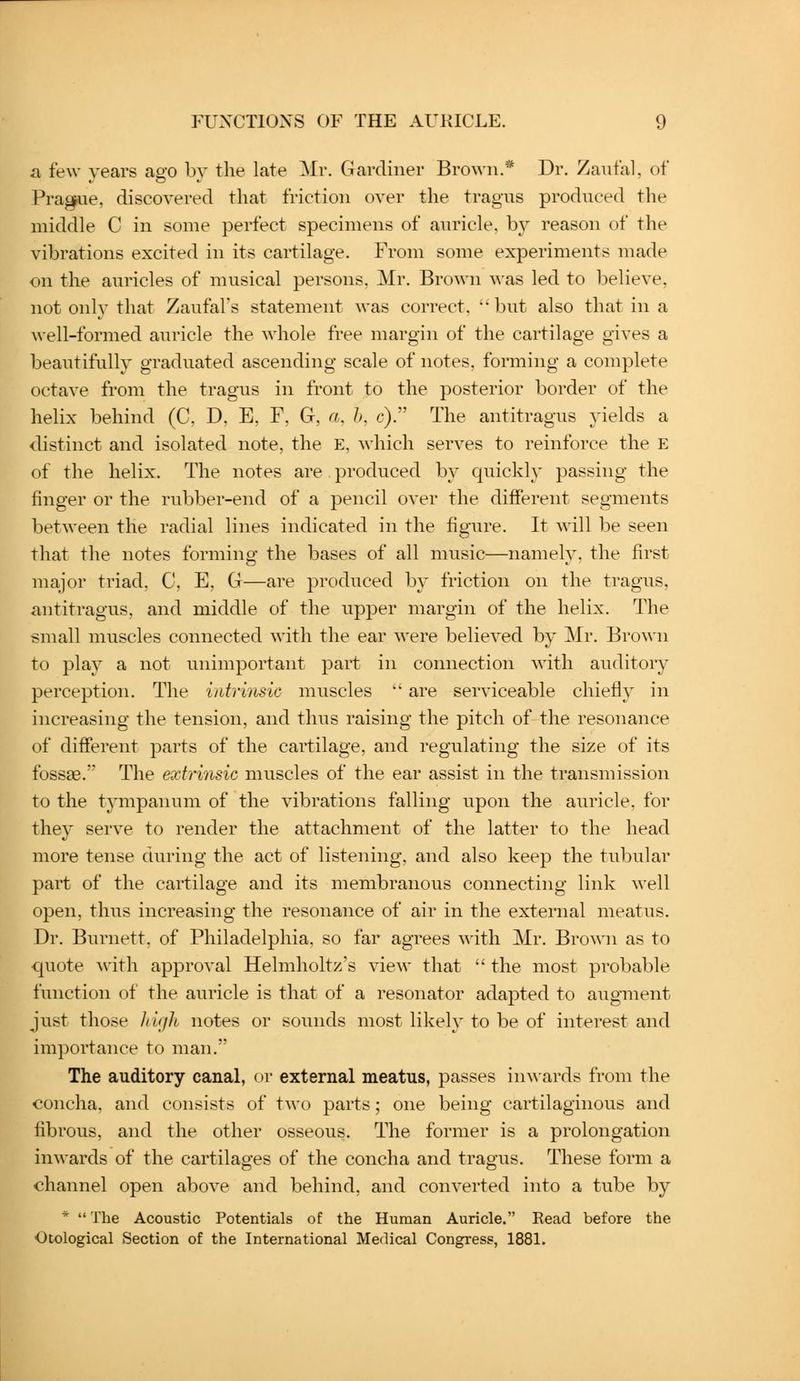 a few years ago by the late Mr. Gardiner Brown.* Dr. Zaufal, of Prague, discovered that friction over the tragus produced the middle C in some perfect specimens of auricle, by reason of the vibrations excited in its cartilage. From some experiments made on the auricles of musical persons, Mr. Brown ^^'as led to believe, not only that Zaufal's statement was correct, ''but also that in a \\ell-formed auricle the whole free margin of the cartilage gives a beautifully graduated ascending scale of notes, forming a complete octave from the tragus in front to the posterior border of the helix behind (C, D. E, F, G, «, h, c). The antitragus yields a distinct and isolated note, the E, which serves to reinforce the E of the helix. The notes are produced by quickly passing the finger or the rubber-end of a pencil over the different segments between the radial lines indicated in the figure. It will be seen that the notes forming the bases of all music—namely, the first major triad, C, E, G—are produced by friction on the tragus, antitragus, and middle of the upper margin of the helix. The small muscles connected with the ear were believed by Mr. Bro^^■n to play a not unimportant part in connection with auditory perception. The intrmsic muscles  are serviceable chiefly in increasing the tension, and thus raising the pitch of the resonance of different parts of the cartilage, and regulating the size of its fossae. The extrinsic muscles of the ear assist in the transmission to the tympanum of the vibrations falling upon the auricle, for they serve to render the attachment of the latter to the head more tense during the act of listening, and also keep the tubular part of the cartilage and its membranous connecting link well open, thus increasing the resonance of air in the external meatus. Dr. Burnett, of Philadelphia, so far agrees with Mr. Brown as to ■quote with approval Helmholtz's view that  the most probable function of the auricle is that of a resonator adapted to augment just those hifjli notes or sounds most likeh^ to be of interest and importance to man. The auditory canal, or external meatus, passes in\^ards from the concha, and consists of two parts; one being cartilaginous and fibrous, and the other osseous. The former is a prolongation inwards of the cartilages of the concha and tragus. These form a channel open above and behind, and converted into a tube by * The Acoustic Potentials of the Human Auricle. Head before the Otological Section of the International Medical Congress, 1881.