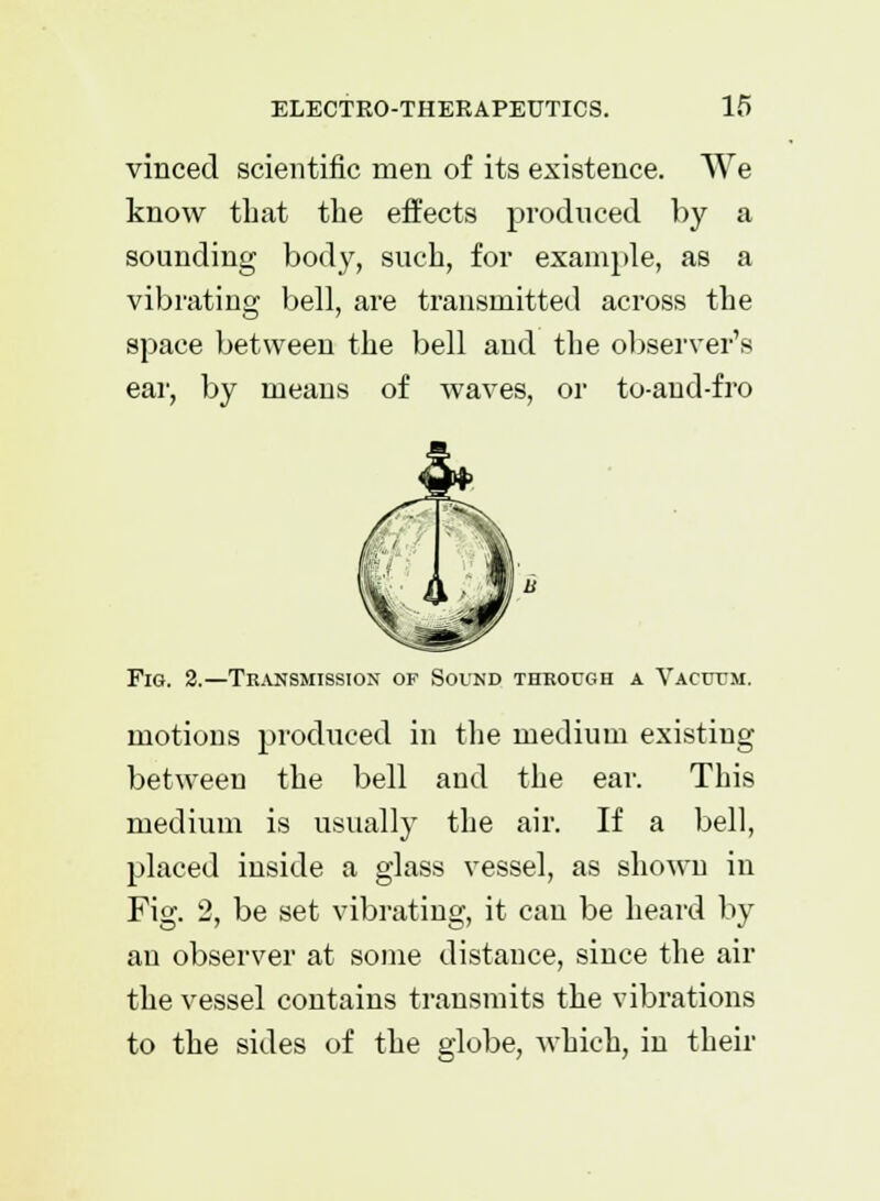 vinced scientific men of its existence. We know that the effects produced by a sounding body, such, for example, as a vibrating bell, are transmitted across the space between the bell and the observer's ear, by means of waves, or to-aud-fro Fig. 2.—Transmission of Sound through a Vacuum. motions produced in the medium existing between the bell aud the ear. This medium is usually the air. If a bell, placed inside a glass vessel, as shown in Fig. 2, be set vibrating, it can be heard by an observer at some distance, since the air the vessel contains transmits the vibrations to the sides of the globe, which, in their