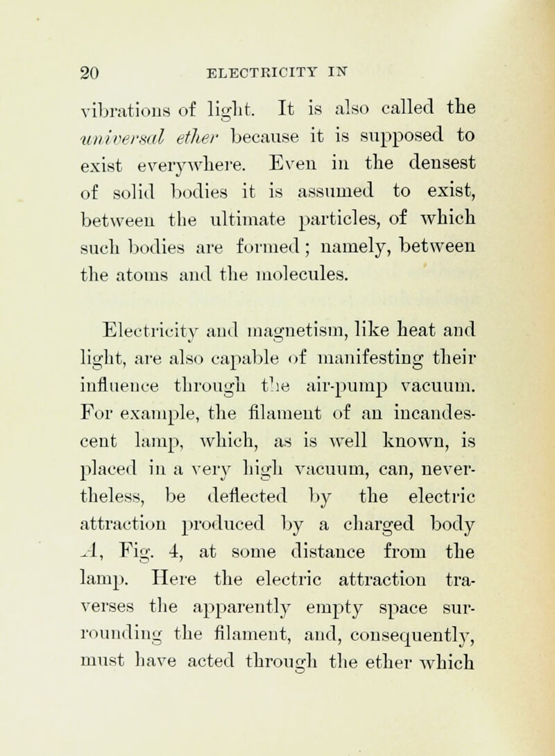 vibrations of light. It is also called the universal ether because it is supposed to exist everywhere. Even in the densest of solid bodies it is assumed to exist, between the ultimate particles, of which such bodies are formed; namely, between the atoms and the molecules. Electricity and magnetism, like heat and light, are also capable of manifesting their influence through the air-pump vacuum. For example, the filament of an incandes- cent lamp, which, as is well known, is placed in a very high vacuum, can, never- theless, be deflected by the electric attraction produced by a charged body A, Fig. 4, at some distance from the lamp. Here the electric attraction tra- verses the apparently empty space sur- rounding the filament, and, consequently, must have acted through the ether which
