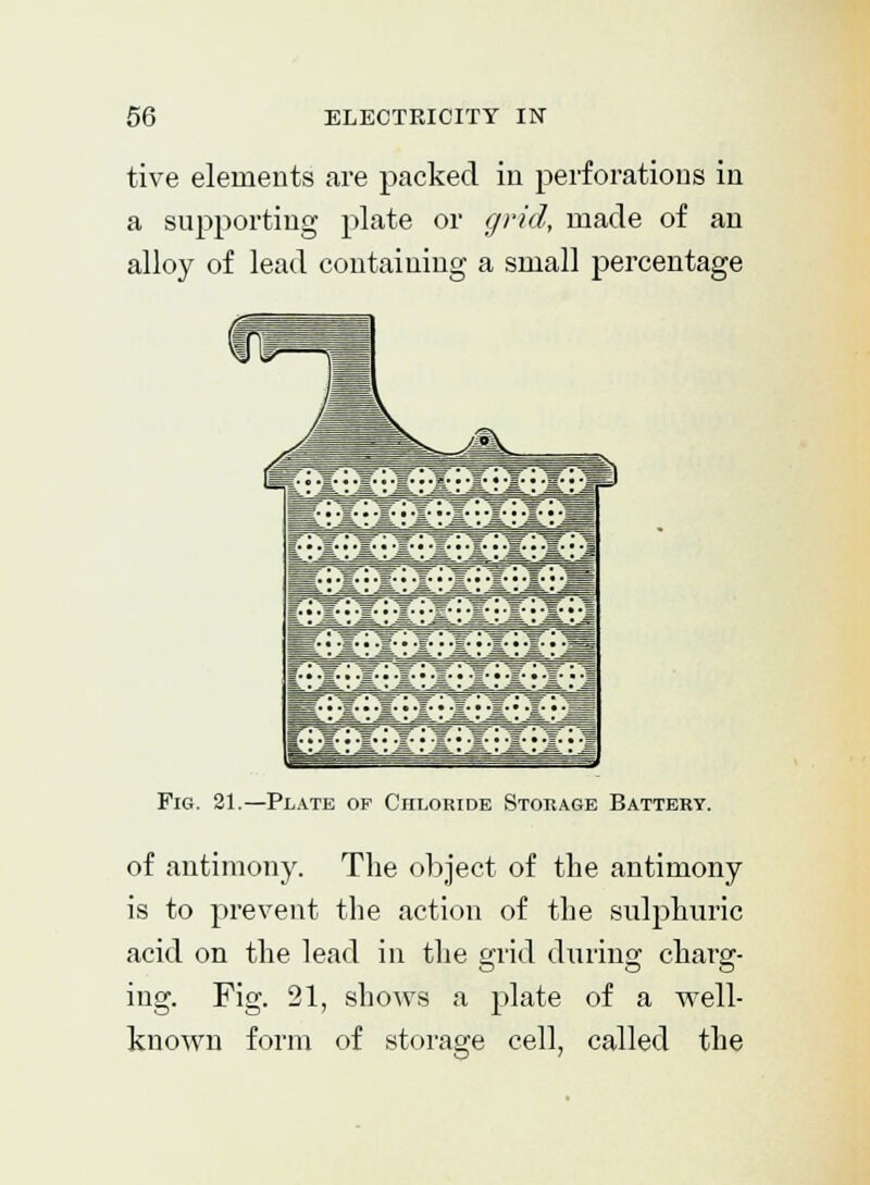 tive elements are packed in perforations in a supporting plate or grid, made of an alloy of lead containing a small percentage Fig. 21.—Plate op Chloride Storage Battery. of antimony. The object of the antimony is to prevent the action of the sulphuric acid on the lead in the arid during charer- ing. Fig. 21, shows a plate of a well- known form of storage cell, called the