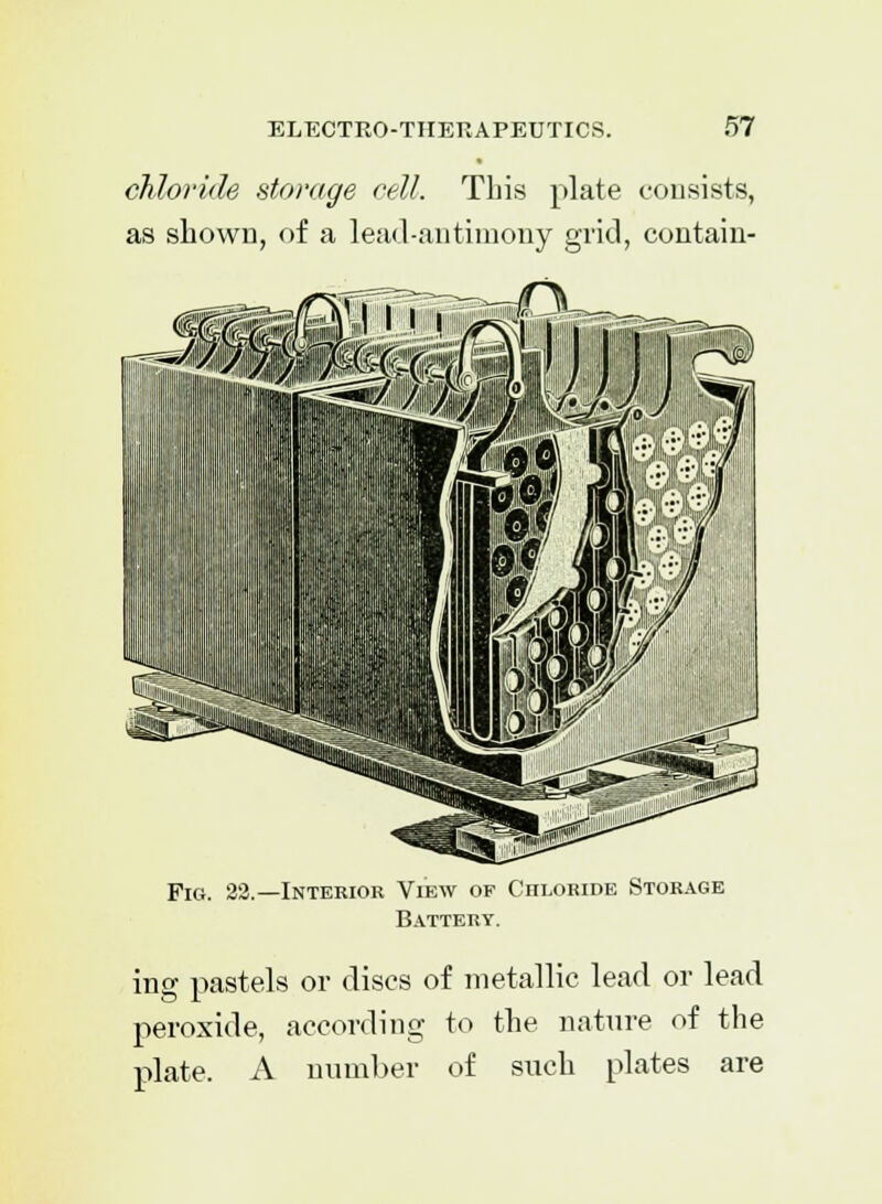 chloride storage cell. This plate consists, as shown, of a lead-antimony grid, contain- Fig. 22.—Interior View of Chloride Storage Battery. ing pastels or discs of metallic lead or lead peroxide, according to the nature of the plate. A number of such plates are