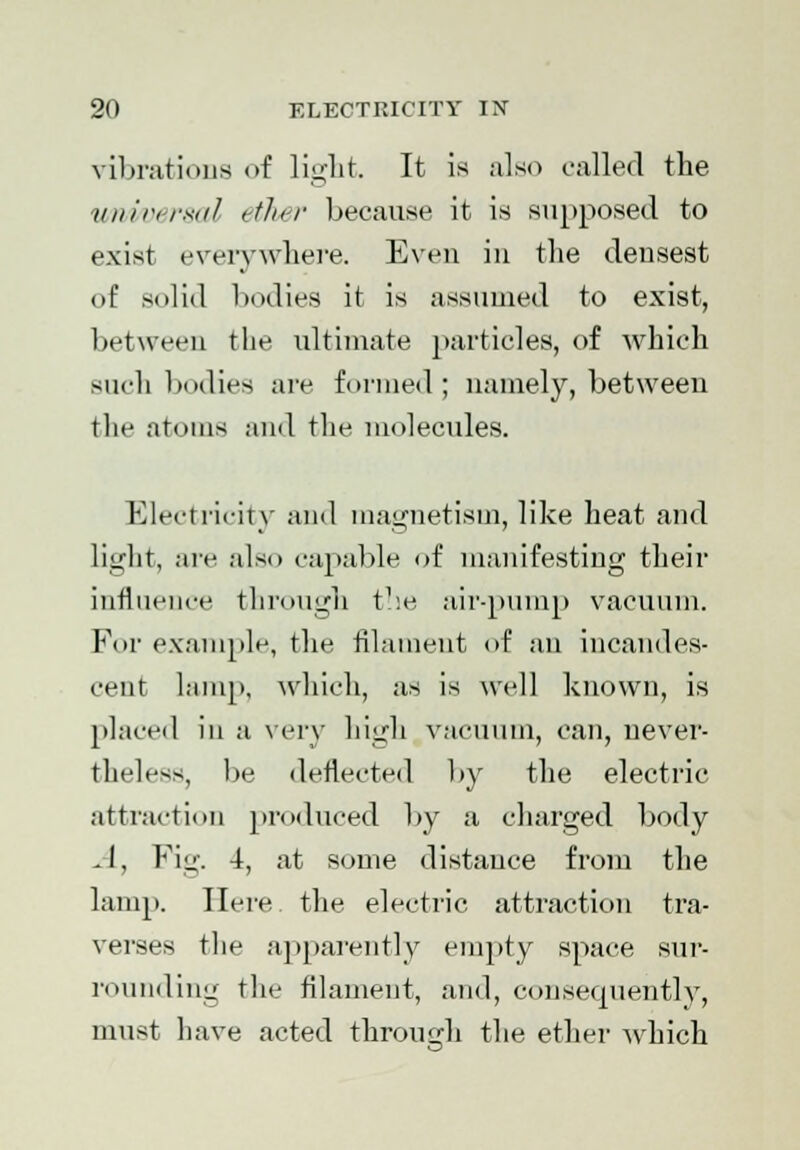 vibrations of light It is also called the universal ether because it is supposed to exist everywhere. Even in the densest of solid bodies it is assumed to exist, between the ultimate particles, of which such bodies are formed; namely, between the atoms and the molecules. Electricity and magnetism, like heat and light, are also capable of manifesting their influence through the air-pump vacuum. For example, the filament of an incandes- cent lamp, which, as is well known, is placed in a very high vacuum, can, never- theless, l>e deflected by the electric attraction produced by a charged body -1, Fig. 4, at some distance from the lamp. Here, the electric attraction tra- verses the apparently empty space sur- rounding the filament, and, consequently, must have acted through the ether which