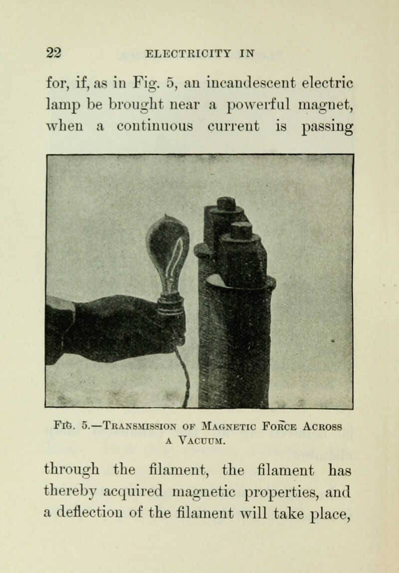 for, if, as in Fig. 5, an incandescent electric lamp be brought near a powerful magnet, when a continuous current is passing Fife. 5.—Transmission of Magnetic Force Across a Vacuum. through the filament, the filament has thereby acquired magnetic properties, and a deflection of the filament will take place,
