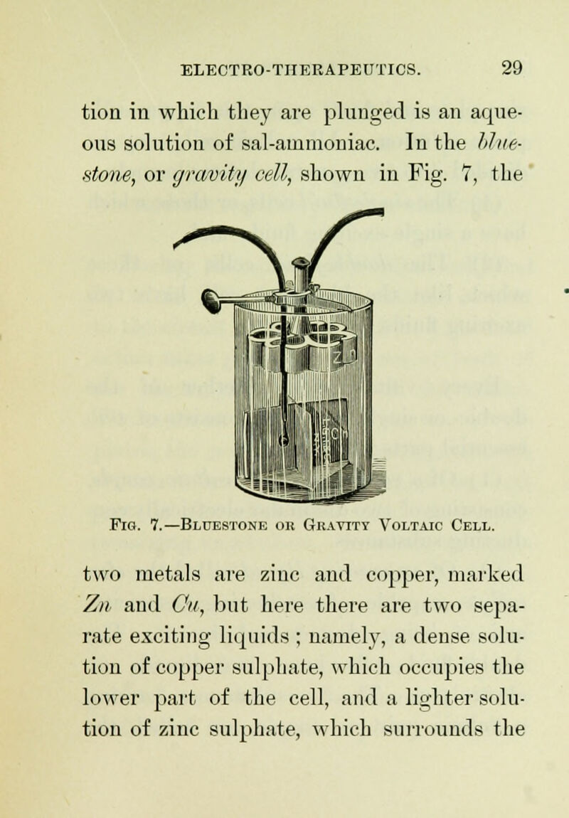 tion in which they are plunged is an aque- ous solution of sal-ammoniac. In the blue- stone, or gravity cell, shown in Fig. 7, the Fig. 7.—Bluestone on Gravity Voltaic Cell. two metals are zinc and copper, marked Zn and On, but here there are two sepa- rate exciting liquids ; namely, a dense solu- tion of copper sulphate, which occupies the lower part of the cell, and a lighter solu- tion of zinc sulphate, which surrounds the