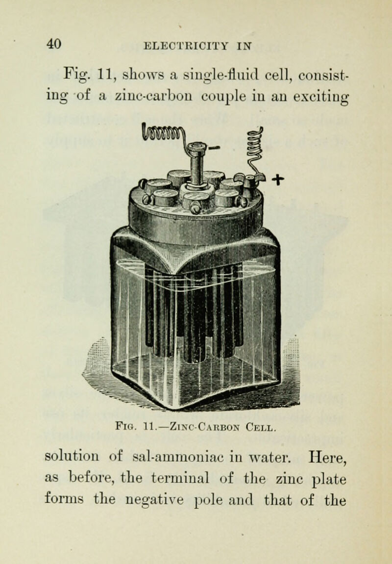 Fig. 11, shows a single-fluid cell, consist- ing of a zinc-carbon couple in an exciting Fig. 11—Zinc-Carbon Cell. solution of sal-ammoniac in water. Here, as before, the terminal of the zinc plate forms the negative pole and that of the