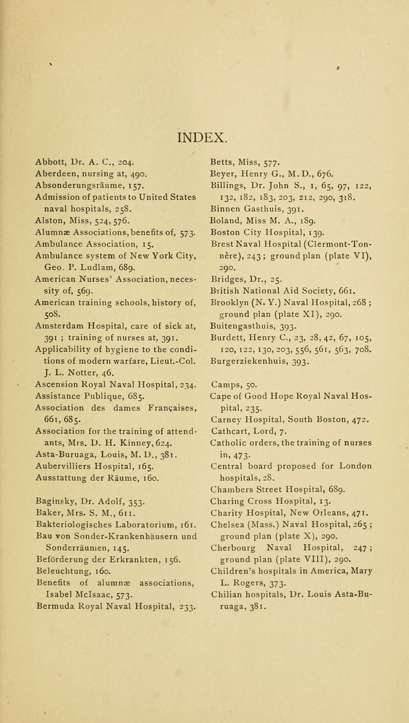 INDEX. Abbott, Dr. A. C, 204. Aberdeen, nursing at, 490. Absonderungsraume, 157. Admission of patients to United States naval hospitals, 258. Alston, Miss, 524,576. Alumnae Associations,benefits of, 573. Ambulance Association, 15. Ambulance system of New York City, Geo. P. Ludlam, 689. American Nurses' Association, neces- sity of, 569. American training schools, history of, 508. Amsterdam Hospital, care of sick at, 391 ; training of nurses at. 391. Applicability of hygiene to the condi- tions of modern warfare, Lieut.-Col. J. L. Notter, 46. Ascension Royal Naval Hospital, 234. Assistance Publique, 685. Association des dames Francaises, 661,685. Association for the training of attend- ants, Mrs. D. H. Kinney, 624. Asta-Buruaga, Louis, M. U., 381. Aubervilliers Hospital, 165. Ausstattung der Raume, 160. Baginsky, Dr. Adolf, 353. Baker, Mrs. S. M., 611. Bakteriologisches Laboratorium, 161. Bau von Sonder-Krankenhausern und Sonderraunien, 145. Beforderung der Erkrankten, 156. Beleuchtung, 160. Benefits of alumnae associations, Isabel Mclsaac, 573. Bermuda Royal Naval Hospital, 233. Betts, Miss, 577. Beyer, Henry G., M.D., 676. Billings, Dr. John S., 1, 65, 97, 122, 132, 182, 183, 203, 212, 290, 318. Binnen Gasthuis, 391. Boland, Miss M. A., 189. Boston City Hospital, 139. Brest Naval Hospital (Clermont-Ton- nere), 243 ; ground plan (plate VI), 290. Bridges, Dr., 25. British National Aid Society, 661. Brooklyn (N. Y.) Naval Hospital, 268 ; ground plan (plate XI), 290. Buitengasthuis, 393. Burdett, Henry C, 23, 28, 42, 67, 105, 120, 122, 130,203,556, 561, 563, 708. Burgerziekenhuis, 393. Camps, 50. Cape of Good Hope Royal Naval Hos- pital, 235. Carney Hospital, South Boston, 472. Cathcart, Lord, 7. Catholic orders, the training of nurses in, 473- Central board proposed for London hospitals, 28. Chambers Street Hospital, 689. Charing Cross Hospital, 13. Charity Hospital, New Orleans, 471. Chelsea (Mass.) Naval Hospital, 265 ; ground plan (plate X), 290. Cherbourg Naval Hospital, 247; ground plan (plate VIII), 290. Children's hospitals in America, Mary L. Rogers, 373. Chilian hospitals, Dr. Louis Asta-Bu- ruaga, 381.