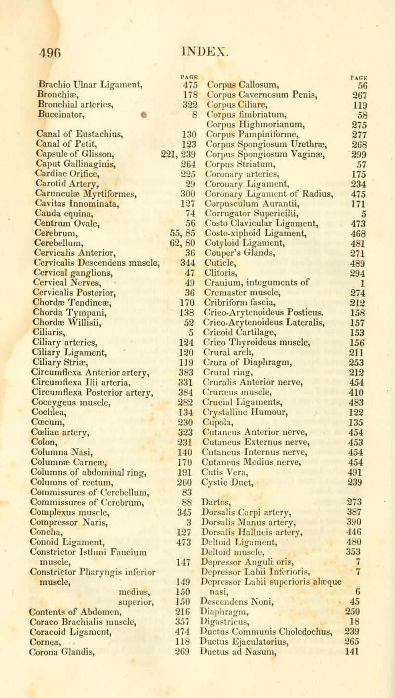 Brachio Ulnar Ligament, PAGE 475 Corpus Callosum, FARE 56 Bronchiae, 178 Corpus Cavernosum Penis, 267 Bronchial arteries, 322 Corpus Ciliare, 119 Buccinator, 8 Corpus fimbriatum, 58 Corpus Highmorianum, 275 Canal of Eustachius, 130 Corpus Pampiniforme, 277 Canal of Petit, 123 Corpus Spongiosum Urethras, 268 Capsule of Glisson, 221, 239 Corpus Spongiosum Vaginae, 299 Caput Gallinaginis, 264 Corpus Striatum, 57 Cardiac Orifice, 225 Coronary arteries, 175 Carotid Artery, 29 Coronary Ligament, 234 Carunculse Myrtiformes, 300 Coronary Ligament of Radius, 475 Cavitas Innominata, 127 Corpusculum Aurantii, 171 Cauda equina, 74 Corrugator Supericilii, 5 Centrum Ovale, 56 Costo Clavicular Ligament, 473 Cerebrum, 55,85 Costo-xiphoid Ligament, 468 Cerebellum, 62,80 Cotyloid Ligament, 481 Cervicalis Anterior, 36 Couper's Glands, 271 Cervicalis Descendens muscle, 344 Cuticle, 489 Cervical ganglions, 47 Clitoris, 294 Cervical Nerves, 49 Cranium, integuments of 1 Cervicalis Posterior, 36 Cremaster muscle, 274 Chordae Tendineae, 170 Cribriform fascia, 212 Chorda Tympani, 138 Crico-Arytenoideus Posticus. 158 Chordae Willisii, 52 Crico-Arytenoideus Lateralis, 157 Ciliaris, 5 Cricoid Cartilage, 153 Ciliary arteries, 124 Crico Thyroideus muscle, 156 Ciliary Ligament, 120 Crural arch, 211 Ciliary Striee, 119 Crura of Diaphragm, 253 Circumflexa Anterior artery, 383 Crural ring, 212 Circumflexa Ilii arteria, 331 Cruralis Anterior nerve, 454 Circumflexa Posterior artery, 384 Cruras us muscle, 410 Coccygeus muscle, 282 Crucial Ligaments, 483 Cochlea, 134 Crystalline Humour, 122 Caecum, 230 Cupola, 135 Cceliac artery, 323 Cutaneus Anterior nerve, 454 Colon, 231 Cutaneus Externus nerve, 453 Columna Nasi, 140 Cutaneus Internus nerve, 454 Columnae Carneae, 170 Cutaneus Medius nerve, 454 Columns of abdominal ring, 191 Cutis Vera, 491 Columns of rectum, 260 Cystic Duct, 239 Commissures of Cerebellum, 83 Commissures of Cerebrum, 88 Dartos, 273 Complexus muscle, 345 Dorsalis Carpi artery, 387 Compressor Naris, 3 Dorsalis Manus artery, 390 Concha, 127 Dorsalis Hallucis artery, 446 Conoid Ligament, 473 Deltoid Ligament, 480 Constrictor Isthmi Faucium Deltoid muscle, 353 muscle, 147 Depressor Anguli oris, 7 Constrictor Pharyngis inferior Depressor Labii Inferioris, 7 muscle, 149 Depressor Labii supcrioris alaeque medius, 150 nasi, 6 superior, 150 Descendens Noni, 45 Contents of Abdomen, 216 Diaphragm, 250 Coraco Brachialis muscle, 357 Digastrieus, 18 Coracoid Ligament, 474 Ductus Communis Choledochus, 239 Cornea, 118 Ductus Ejaculatorius, 265 Corona Glandis, 269 Ductus ad Nasum, 141