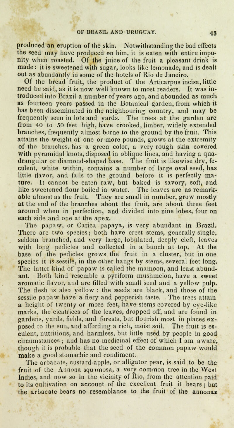 produced an eruption of the skin. Notwithstanding the bad effects the seed may have produced on him, it is eaten with entire impu- nity when roasted. Of the juice of the fruit a pleasant drink is made: it is sweetened with sugar, looks like lemonade, and is dealt out as abundantly in some of the hotels of Rio de Janeiro. Of the bread fruit, the product of the Articarpus incisa, little need be said, as it is now well known to most readers. It was in- troduced into Brazil a number of years ago, and abounded as much as fourteen years passed in the Botanical garden, from which it has been disseminated in the neighbouring country, and may be frequently seen in lots and yards. The trees at the garden are from 40 to 50 feet high, have crooked, limber, widely extended branches, frequently almost borne to the ground by the fruit. This attains the weight of one or more pounds, grows at the extremity of the branches, has a green color, a very rough skin covered with pyramidal knots, disposed in oblique lines, and having a qua- drangular or diamond-shaped base. The fruit is likewise dry, fe- culent, white within, contains a number of large oval seed, has little flavor, and falls to the ground before it is perfectly ma- ture. It cannot be eaten raw, but baked is savory, soft, and like sweetened flour boiled in water. The leaves are as remark- able almost as the fruit. They are small in number, grow mostly at the end of the branches about the fruit, are about three feet around when in perfection, and divided into nine lobes, four on each side and one at the apex. The papaw, or Carica papaya, is very abundant in Brazil. There are two species; both have erect stems, generally single, seldom branched, and very large, lobulated, deeply cleft, leaves with long pedicles and collected in a bunch at top. At the base of the pedicles grows the fruit in a cluster, but in one species it is sessile, in the other hangs by stems, several feet long. The latter kind of papaw is called the matnoon, and least abund- ant. Both kind resemble a pyriform mushmelon, have a sweet aromatic flavor, and are filled with small seed and a yellow pulp. The flesh is also yellow : the seeds are black, and those of the sessile papaw have a fiery and pepperish taste. The trees attain a height of twenty or more feet, have stems covered by eye-like marks, the cicatrices of the leaves, dropped off, and are found in gardens, yards, fields, and forests, but flourish most in places ex- posed to the sun, and affording a rich, moist soil. The fruit is es- culent, nutritious, and harmless, but little used by people in good circumstances ; and has no medicinal effect of which I am aware, though it is probable that the seed of the common papaw would make a good stomachic and condiment. The arbacate, custard-apple, or alligator pear, is said to be the fruit of the Annona squamosa, a very common tree in the West Indies, and now so in the vicinity of Rio, from the attention paid to its cultivation on account of the excellent fruit it bears ; but the arbacate bears no resemblance to the fruit of the annonas