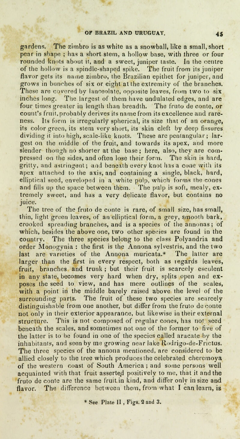 gardens. The zimbro is as white as a snowball, like a small, short pear in shape ; has a short stem, a hollow base, with three or four rounded knots about it, and a sweet, juniper taste. In the centre of the hollow is a spindle-shaped spike. The fruit from its juniper flavor gets its name zimbro, the Brazilian epithet for juniper, and grows in bunches of six or eight at the extremity of the branches. These are covered by lanceolate, opposite leaves, from two to six inches long. The largest of them have undulated edges, and are four times greater in length than breadth. The fruto de conte, or count's fruit, probably derives its name from its excellence and rare- ness. Its form is irregularly spherical, its size that of an orange, its color green, its stem very short, its skin cleft by deep fissures dividing it into high, scale-like knots. These are pentangular; lar- gest on the middle of the fruit, and towards its apex, and more slender though no shorter at the base; here, also, they are com- pressed on the sides, and often lose their form. The skin is hard, gritty, and astringent; and beneath every knot has a cone with its apex attached to the axis, and containing a single, black, hard, elliptical seed, enveloped in a white pulp, which forms the cones and fills up the space between them. The pulp is soft, mealy, ex- tremely sweet, and has a very delicate flavor, but contains no juice. The tree of the fruto de conte is rare, of small size, has small, thin, light green leaves, of an elliptical form, a grey, smooth bark, crooked spreading branches, and is a species of the annonas; of which, besides the above one, two other species are found in the country. The three species belong to the class Polyandria and order Monogynia : the first is the Annona sylvestris, and the two last are varieties of the Annona muricata.* The latter are larger than the first in every respect, both as legards leaves, fruit, branches and trunk ; but their fruit is scarcely esculent in any state, becomes very hard when dry, splits open and ex- poses the seed to view, and has mere outlines of the scales, with a point in the middle barely raised above the level of the surrounding parts. The fruit of these two species are scarcely distinguishable from one another, but differ from the frulo de conte not only in their exterior appearance, but likewise in their external structure. This is not composed of regular cones, has not seed beneath the scales, and sometimes not one of the former to five of the latter is to be found in one of the species called aracate by the inhabitants, and seen by me growing near lake llodrigo-de-Frictus. The three species of the annona mentioned, are considered to be allied closely to the tree which produces the celebrated cheremoya of the western coast of South America ; and some persons well acquainted with that fruit asserte.d positively to me, that it and the fruto de conte are the same fruit.in kind, and differ only in size and flavor. The difference between them, from what I can learn, is * See Plate II , Figs. 9 and 3.
