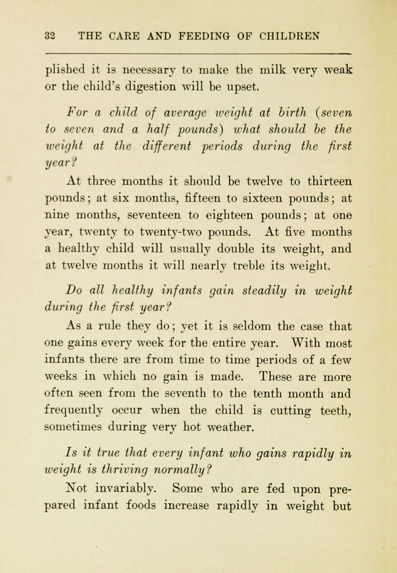 plished it is necessary to make the milk very weak or the child's digestion will be upset. For a child of average weight at birth {seven to seven and a half pounds) what should be the weight at the different periods during the first year? At three months it should be twelve to thirteen pounds; at six months, fifteen to sixteen pounds; at nine months, seventeen to eighteen pounds; at one year, twenty to twenty-two pounds. At five months a healthy child will usually double its weight, and at twelve months it will nearly treble its weight. Do all healthy infants gain steadily in weight during the first year? As a rule they do; yet it is seldom the case that one gains every week for the entire year. With most infants there are from time to time periods of a few weeks in which no gain is made. These are more often seen from the seventh to the tenth month and frequently occur when the child is cutting teeth, sometimes during very hot weather. 7s it true that every infant who gains rapidly in weight is thriving normally? Not invariably. Some who are fed upon pre- pared infant foods increase rapidly in weight but