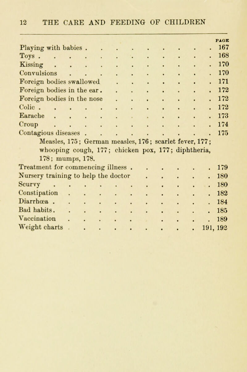 Playing with babies 167 Toys 168 Kissing 170 Convulsions 170 Foreign bodies swallowed 171 Foreign bodies in the ear 172 Foreign bodies in the nose 172 Colic 172 Earache 173 Croup 174 Contagious diseases 175 Measles, 175; German measles, 176; scarlet fever, 177; whooping cough, 177; chicken pox, 177; diphtheria, 178; mumps, 178. Treatment for commencing illness Nursery training to help the doctor Scurvy Constipation Diarrhoea . Bad habits. Vaccination Weight charts 179 180 180 182 184 185 189 191, 192