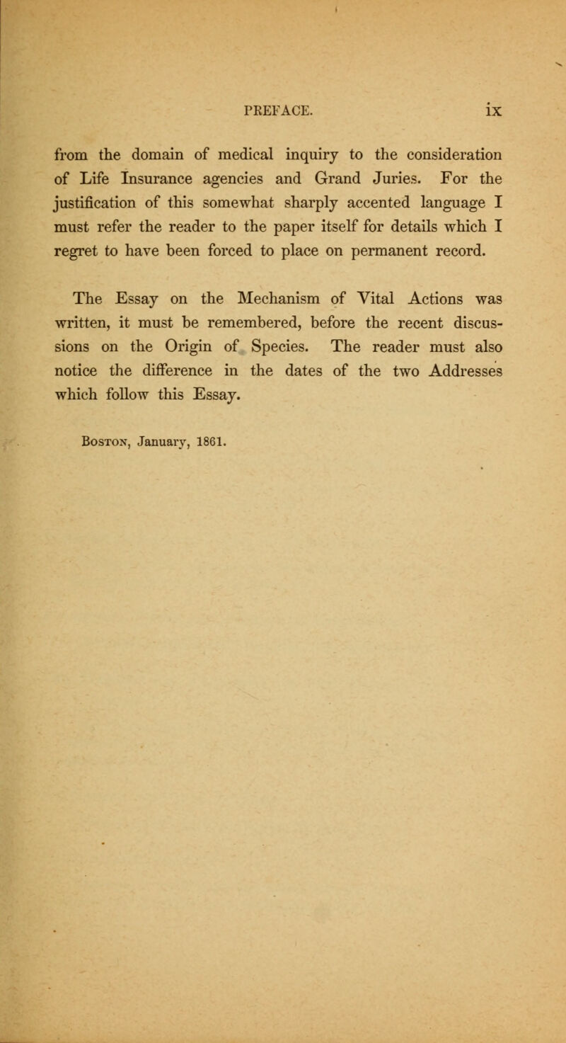 from the domain of medical inquiry to the consideration of Life Insurance agencies and Grand Juries. For the justification of this somewhat sharply accented language I must refer the reader to the paper itself for details which I regret to have been forced to place on permanent record. The Essay on the Mechanism of Vital Actions was written, it must be remembered, before the recent discus- sions on the Origin of Species. The reader must also notice the difference in the dates of the two Addresses which follow this Essay. Boston, January, 1861.
