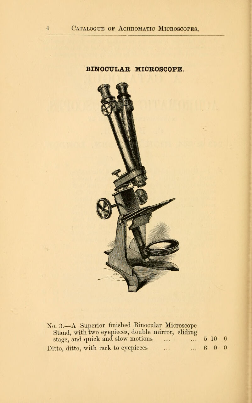 BINOCULAR IVEICROSCOPE. No. 3.—A Superior finished Binocular Microscope Stand, with two eyepieces, double mirror, sliding stage, and quick and slow motions ... ... 510 Ditto, ditto, with rack to eyepieces ... ...6 0