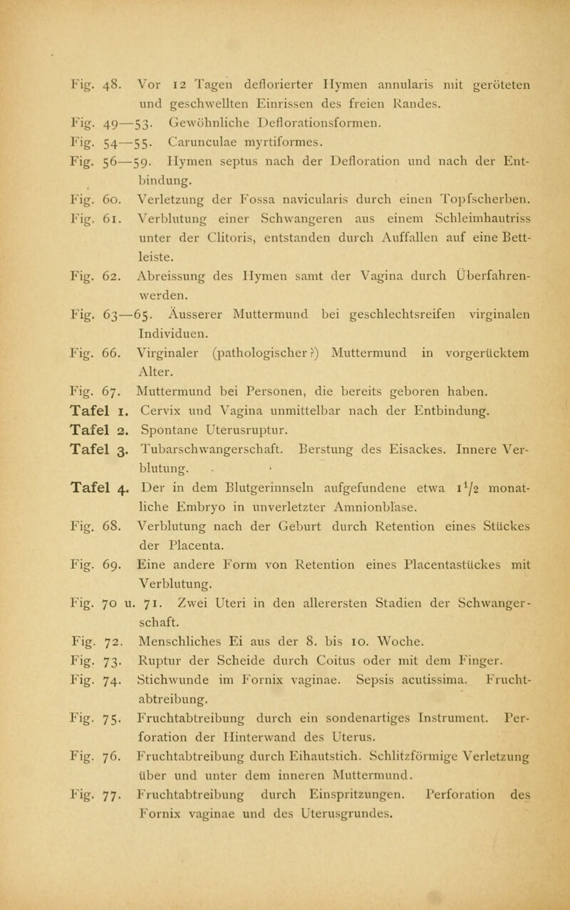 Fig. 48. Vor 12 Tagen deflorierter Hymen annularis mit geröteten und geschwellten Einrissen des freien Randes. l'>-v 49—53- Gewöhnliche Deflorationsformen. Fig. 54—55- Carunculae myrtiformes. Fig. 56—59. Hymen septus nach der Defloration und nach der Ent- bindung. Fig. 60. Verletzung der Fossa navicularis durch einen Topfscherben. Fig. 6l. Verblutung einer Schwangeren aus einem Schleimhautriss unter der Clitoris, entstanden durch Auffallen auf eine liett- leiste. Fig. 62. Abreissung des Hymen samt der Vagina durch Überfahren- werden. Fig. 63—65. Ausseier Muttermund bei geschlechtsreifen virginalen Individuen. Fig. 66. Virginaler (pathologischer ?) Muttermund in vorgerücktem Alter. Fig. 67. Muttermund bei Personen, die bereits geboren haben. Tafel I. Cervix und Vagina unmittelbar nach der Entbindung. Tafel 2. Spontane Uterusruptur. Tafel 3. Tubarschwangerschaft. Berstung des Eisackes. Innere Ver- blutung. Tafel 4. Der in dem Blutgerinnseln aufgefundene etwa 1^2 monat- liche Embryo in unverletzter Amnionblase. Fig. 68. Verblutung nach der Geburt durch Retention eines Stückes der Placenta. Fig. 69. Eine andere Form von Retention eines Placentastückes mit Verblutung. Fig. 70 u. 71. Zwei Uteri in den allerersten Stadien der Schwanger- schaft. Fig. 72. Menschliches Ei aus der 8. bis 10. Woche. Fig- 73- Ruptur der Scheide durch Coitus oder mit dem Finger. Fig. 74. Stichwunde im Fornix vaginae. Sepsis acutissima. Frucht- abtreibung. Fig- 75- Fruchtabtreibung durch ein sondenartiges Instrument. Per- foration der Hinterwand des Uterus. Fig. 76. Fruchtabtreibung durch F.ihautstich. Schlitzförmige Verletzung über und unter dem inneren Muttermund. Fig. 77. Fruchtabtreibung durch Einspritzungen. Perforation des Fornix vaginae und des Uterusgrundes.