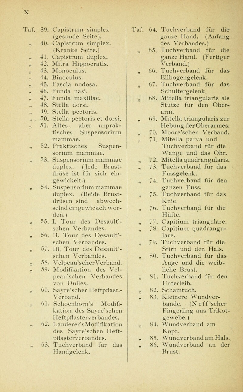 Taf. 39. 40. 41. 42. 43. 44. 45. 46. 47. 48. 49. 50. 51. 52. 53. 54. 55. 56. 5/. 58. 59. 60. 61. 62. 63. Capistrum Simplex (gesunde Seite). Capistrum simplex. (Kranke Seite.) Capistrum duplex. Mitra Hippocratis. Monoculus. Binoculus. Fascia nodosa. Funda nasi. Funda maxillae. Stella dorsi. Stella pectoris. Stella pectoris et dorsi. Altes, aber unprak- tisches Suspensorium mammae. Praktisches Suspen- sorium mammae. Suspensorium mammae duplex. (Jede Brust- drüse ist für sich ein- gewickelt.) Suspensorium mammae duplex. (Beide Brust- drüsen sind abwech- selnd eingewickelt wor- den.) I. Tour des Desault'- schen Verbandes. II. Tour des Desault'- schen Verbandes. III. Tour des Desault'- schen Verbandes. Velpeau'scherVerband. Modifikation des Vel- peau'schen Verbandes von Dulles. Sayre'scher Heftpflast.- Verband. Schoenborn's Modifi- kation des Sayre'schen Heftpflasterverbandes. Landerer'sModifikation des Sayre'schen Heft- pflasterverbandes. Tuchverband für das Handgelenk. Taf. 64. Tuchverband für die ganze Hand. (Anfang des Verbandes.) „ 65. Tuchverband für die ganze Hand. (Fertiger Verband.) „ 66. Tuchverband für das Ellbogengelenk. „ 67« Tuchverband für das Schultergelenk. „ 68. Mitella triangularis als Stütze für den Ober- arm. „ 69. Mitella triangularis zur Hebung derOberarmes. „ 70. Moore'scher Verband. „ 71. Mitella parva und Tuchverband für die Wange und das Ohr. „ 72. Mitellaquadrangularis. „ 73. Tuchverband für das Fussgelenk. „ 74. Tuch verband für den ganzen Fuss. „ 75. Tuchverband für das Knie. „ 76. Tuchverband für die Hüfte. „ 77. Capitium trianguläre. „ 78. Capitium quadrangu- lare. „ 79. Tuchverband für die Stirn und den Hals. „ 80. Tuchverband für das Auge und die weib- liche Brust. „ 81. Tuchverband für den Unterleib. „ 82. Schamtuch. „ 83. Kleinere Wundver- bände. (Neff'scher Fingerling aus Trikot- gewebe.) „ 84. Wundverband am Kopf. „ 85. Wundverband am Hals. M 86. Wundverband an der Brust.