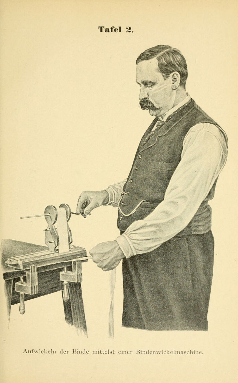 Aufwickeln der Binde mittelst einer Bindenwickelmaschine.