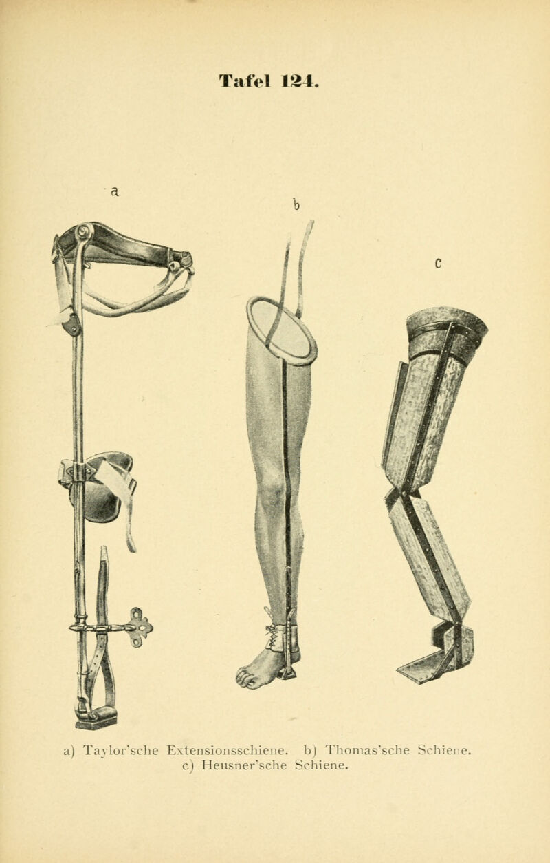 a) Taylor'sche Extensionsschiene. b) Thonias'sche Schiene. c) Heusnersche Schiene.