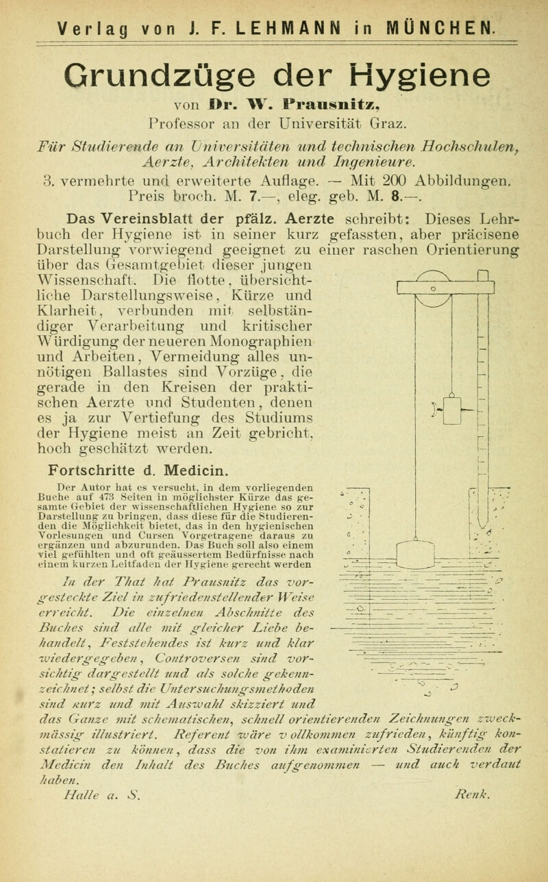^a o- Grundzüge der Hygiene von Dr. W. Prausnitz, Professor an der Universität Graz. Für Studierende an Universitäten and technischen HochscJmlen, Aerzte, Architekten und Ingenieure. 3. vermehrte und erweiterte Auflage. — Mit 200 Abbildungen. Preis broch. M. 7.—, eleg. geb. M. 8.—. Das Vereinsblatt der pfälz. Aerzte schreibt: Dieses Lehr- buch der Hygiene ist in seiner kurz gefassten, aber präcisene Darstellung vorwiegend geeignet zu einer raschen Orientierung über das Gesamtgebiet dieser jungen Wissenschaft. Die flotte, übersicht- liche Darstellungsweise, Kürze und Klarheit, verbunden mit selbstän- diger Verarbeitung und kritischer Würdigung der neueren Monographien und Arbeiten, Vermeidung alles un- nötigen Ballastes sind Vorzüge, die gerade in den Kreisen der prakti- schen Aerzte und Studenten, denen es ja zur Vertiefung des Studiums der Hygiene meist an Zeit gebricht, hoch geschätzt werden. Fortschritte d. Medicin. Der Autor hat es versucht, in dem vorliegenden Buche auf 473 Seiten in möglichster Kürze das ge- samte Gebiet der wissenschaftlichen Hygiene so zur Darstellung- zu bringen, dass diese für die Studieren- den die Möglichkeit bietet, das in den hygienischen Vorlesungen und Cursen Vorgetragene daraus zu ergänzen und abzurunden. Das Buch soll also einem viel gefühlten und oft geäussertem Bedürfnisse nach einem kurzen Leitfaden der Hygiene gerecht werden In der That hat Prausnitz das vor- gesteckte Ziel in znfriedenstelle?ider Weise erreicht. Die einzelnen Abschnitte des Buches sind alle mit gleicher Liebe be- handelt, Feststehendes ist ktirz und klar wiedergegeben, Controversen sind vor- sichtig dargestellt und als solche gekenn- ' —~~~~—-^~ zeichnet', selbst die Untersuchungsmethoden *\, ■ 2 sind Kurz und mit Auswahl skizziert und das Ganze mit schematischen, schnell orientierenden Zeichnungen zweck- mässig illustriert. Referent wäre v ollkommen zufrieden, künftig kon- statieren zu können, dass die von ihm examinierten Studierenden der Medicin den Inhalt des Buches aufgenommen — und auch verdaut haben. Halle a. S. Renk.