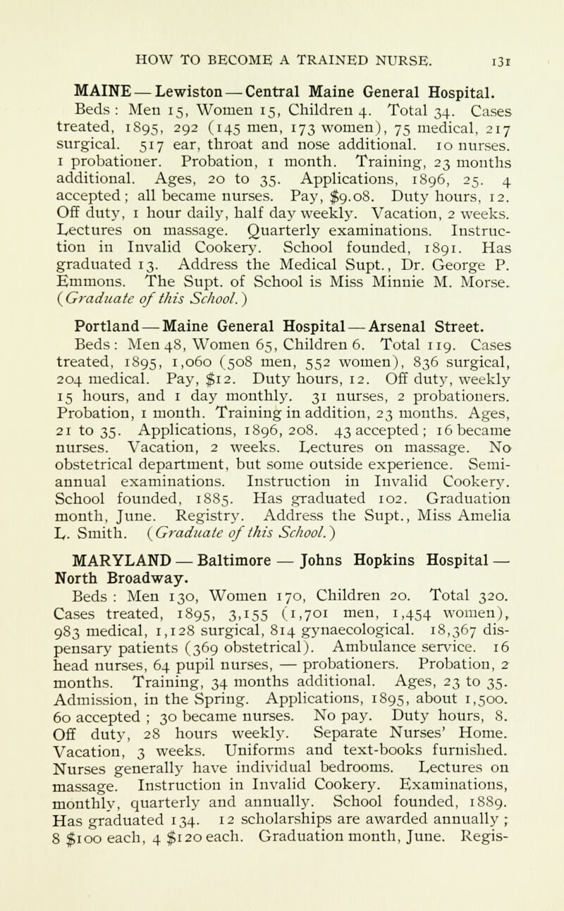 MAINE — Lewiston — Central Maine General Hospital. Beds : Men 15, Women 15, Children 4. Total 34. Cases treated, 1895, 292 (145 men, 173 women), 75 medical, 217 surgical. 517 ear, throat and nose additional. 10 nurses. 1 probationer. Probation, 1 month. Training, 23 months additional. Ages, 20 to 35. Applications, 1896, 25. 4 accepted; all became nurses. Pay, $9.08. Duty hours, 12. Off duty, 1 hour daily, half day weekly. Vacation, 2 weeks. Lectures on massage. Quarterly examinations. Instruc- tion in Invalid Cookery. School founded, 1891. Has graduated 13. Address the Medical Supt., Dr. George P. Emmons. The Supt. of School is Miss Minnie M. Morse. (Graduate of this School.) Portland — Maine General Hospital — Arsenal Street. Beds: Men 48, Women 65, Children 6. Total 119. Cases treated, 1895, 1,060 (508 men, 552 women), 836 surgical, 204 medical. Pay, $12. Duty hours, 12. Off duty, weekly 15 hours, and 1 day monthly. 31 nurses, 2 probationers. Probation, 1 month. Training in addition, 23 months. Ages, 21 to 35. Applications, 1896,208. 43 accepted ; 16 became nurses. Vacation, 2 weeks. Lectures on massage. No obstetrical department, but some outside experience. Semi- annual examinations. Instruction in Invalid Cookery. School founded, 1885. Has graduated 102. Graduation month, June. Registry. Address the Supt., Miss Amelia L- Smith. (Graduate of this School.) MARYLAND — Baltimore — Johns Hopkins Hospital — North Broadway. Beds : Men 130, Women 170, Children 20. Total 320. Cases treated, 1895, 3,155 (1,701 men, 1,454 women), 983 medical, 1,128 surgical, 814 gynaecological. 18,367 dis- pensary patients (369 obstetrical). Ambulance service. 16 head nurses, 64 pupil nurses, — probationers. Probation, 2 months. Training, 34 months additional. Ages, 23 to 35. Admission, in the Spring. Applications, 1895, about 1,500. 60 accepted ; 30 became nurses. No pay. Duty hours, 8. Off duty, 28 hours weekly. Separate Nurses' Home. Vacation, 3 weeks. Uniforms and text-books furnished. Nurses generally have individual bedrooms. Lectures on massage. Instruction in Invalid Cookery. Examinations, monthly, quarterly and annually. School founded, 1889. Has graduated 134. 12 scholarships are awarded annually ; 8 $100 each, 4 $120 each. Graduation month, June. Regis-